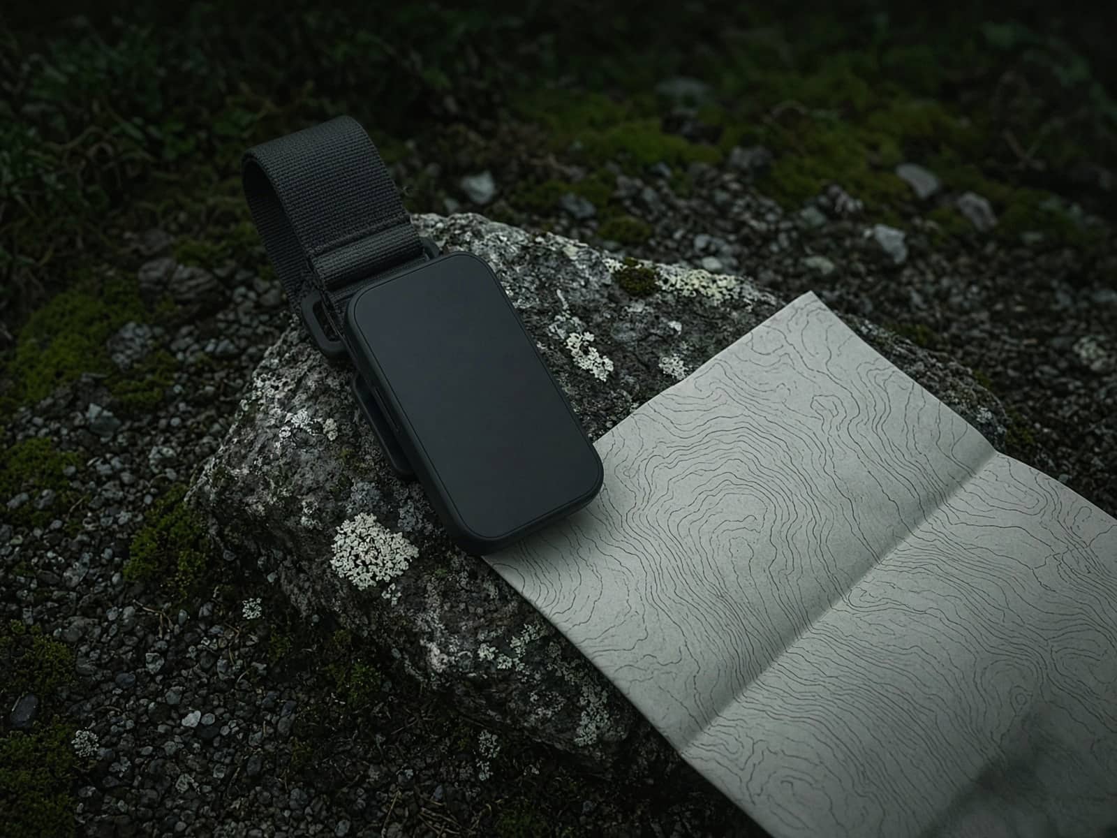 A small satellite messenger clipped to a pack strap on a rock beside a topo map