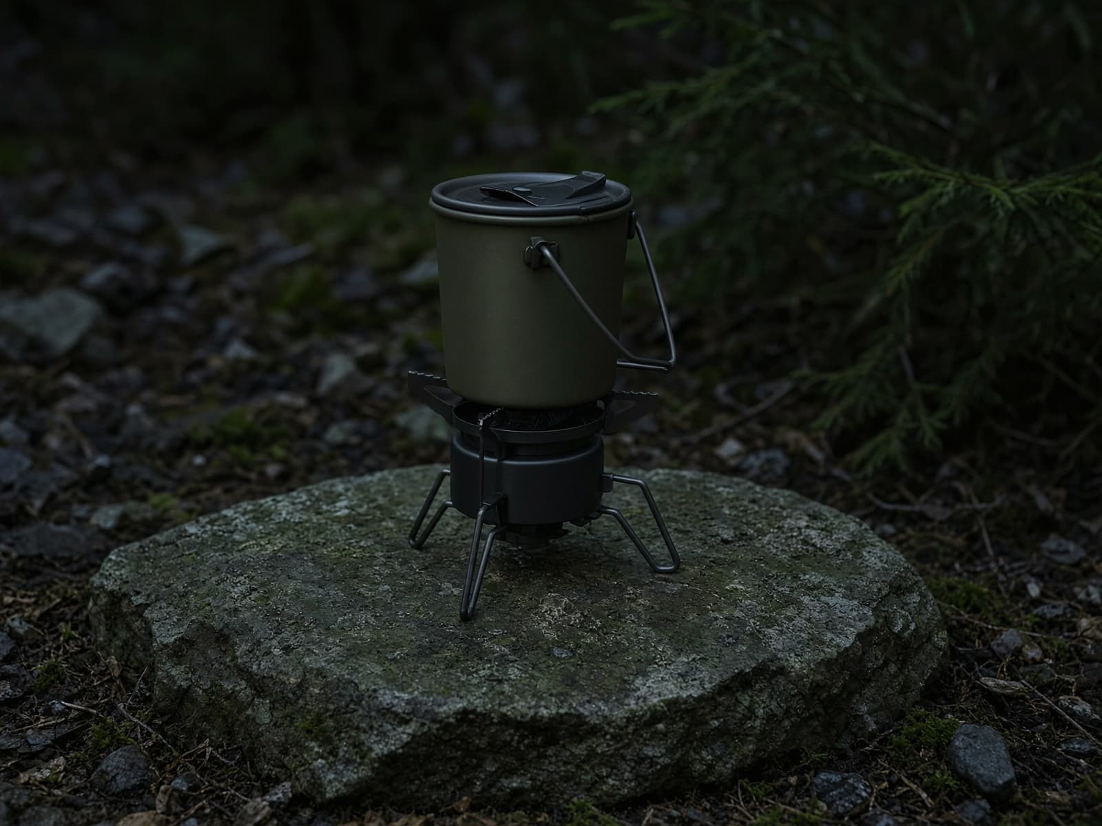 An integrated boil system with insulated cup on a flat rock at dusk