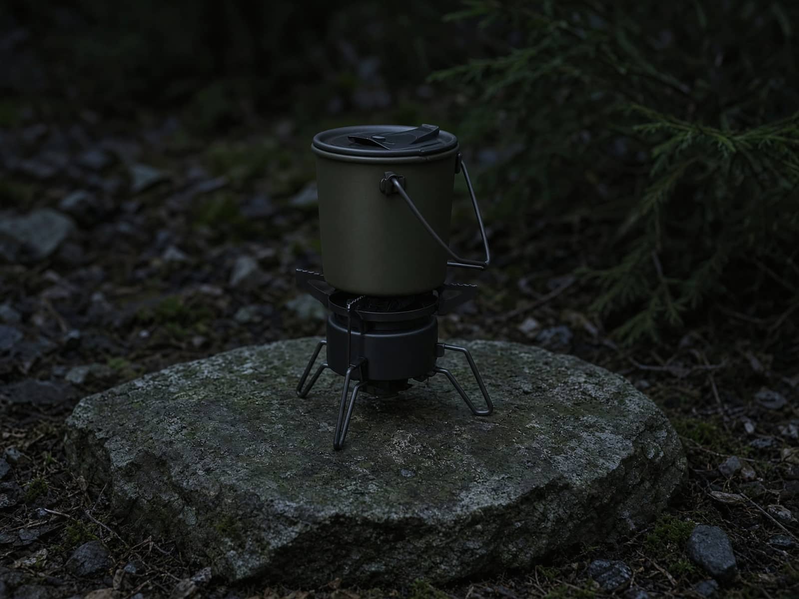 An integrated boil system with insulated cup on a flat rock at dusk