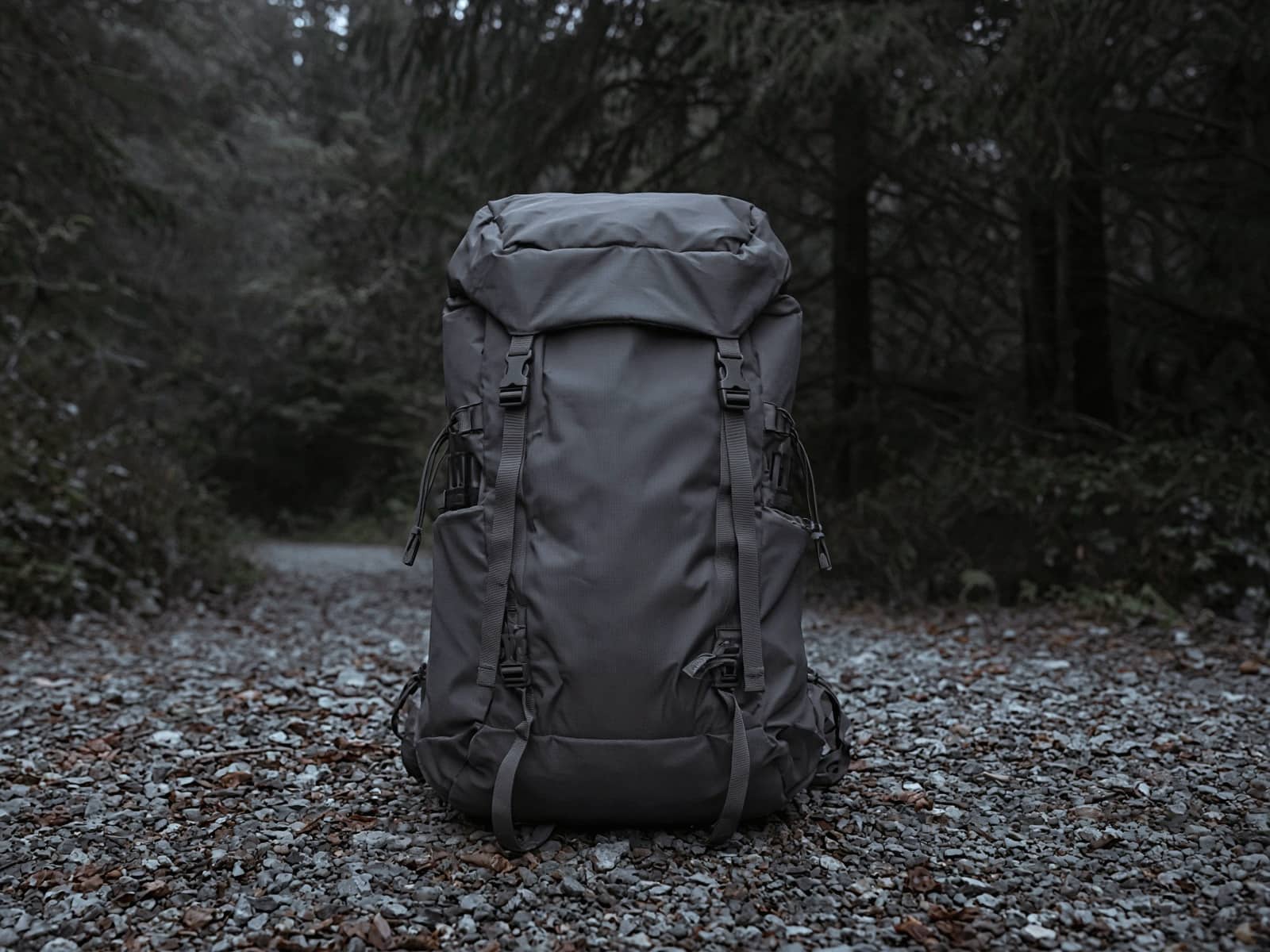 A framed ultralight 55-liter pack standing on trailhead gravel