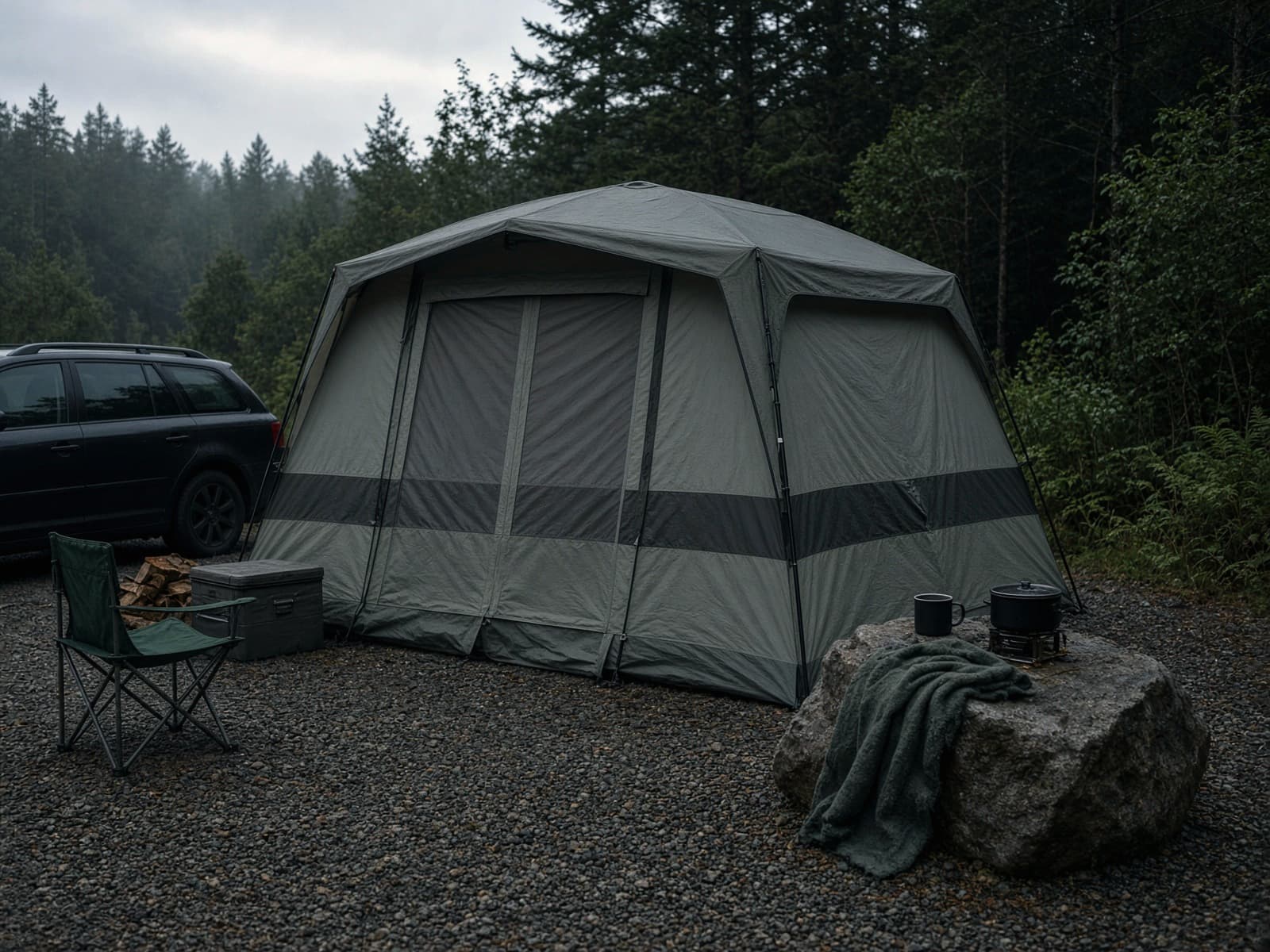 A tall cabin-style family tent at a family car campsite