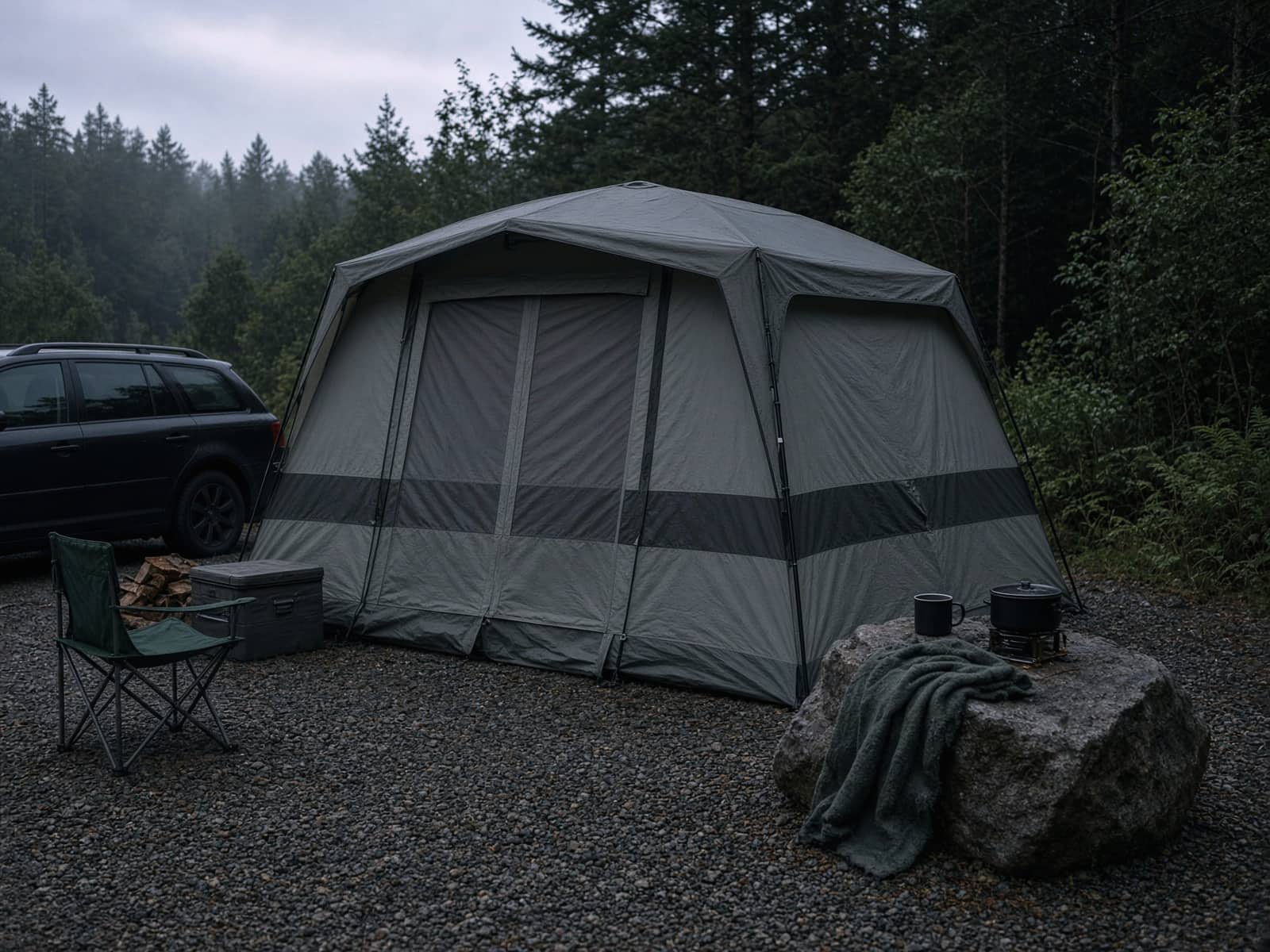 A tall cabin-style family tent at a family car campsite