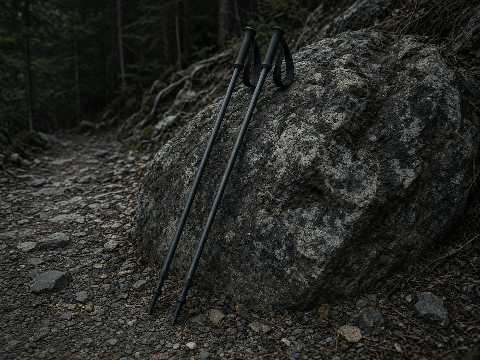 A pair of carbon trekking poles leaning on a boulder on a rocky trail