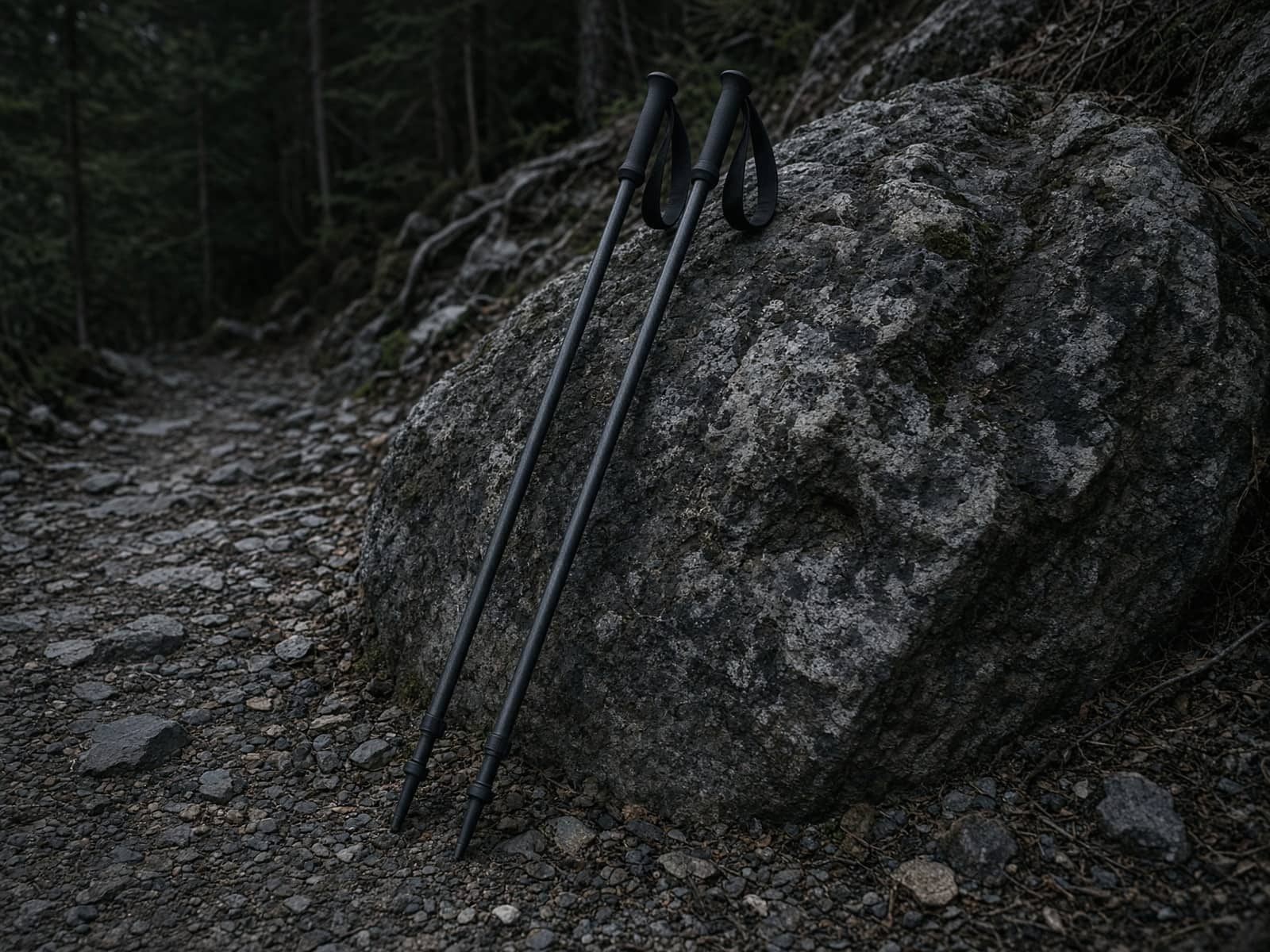 A pair of carbon trekking poles leaning on a boulder on a rocky trail