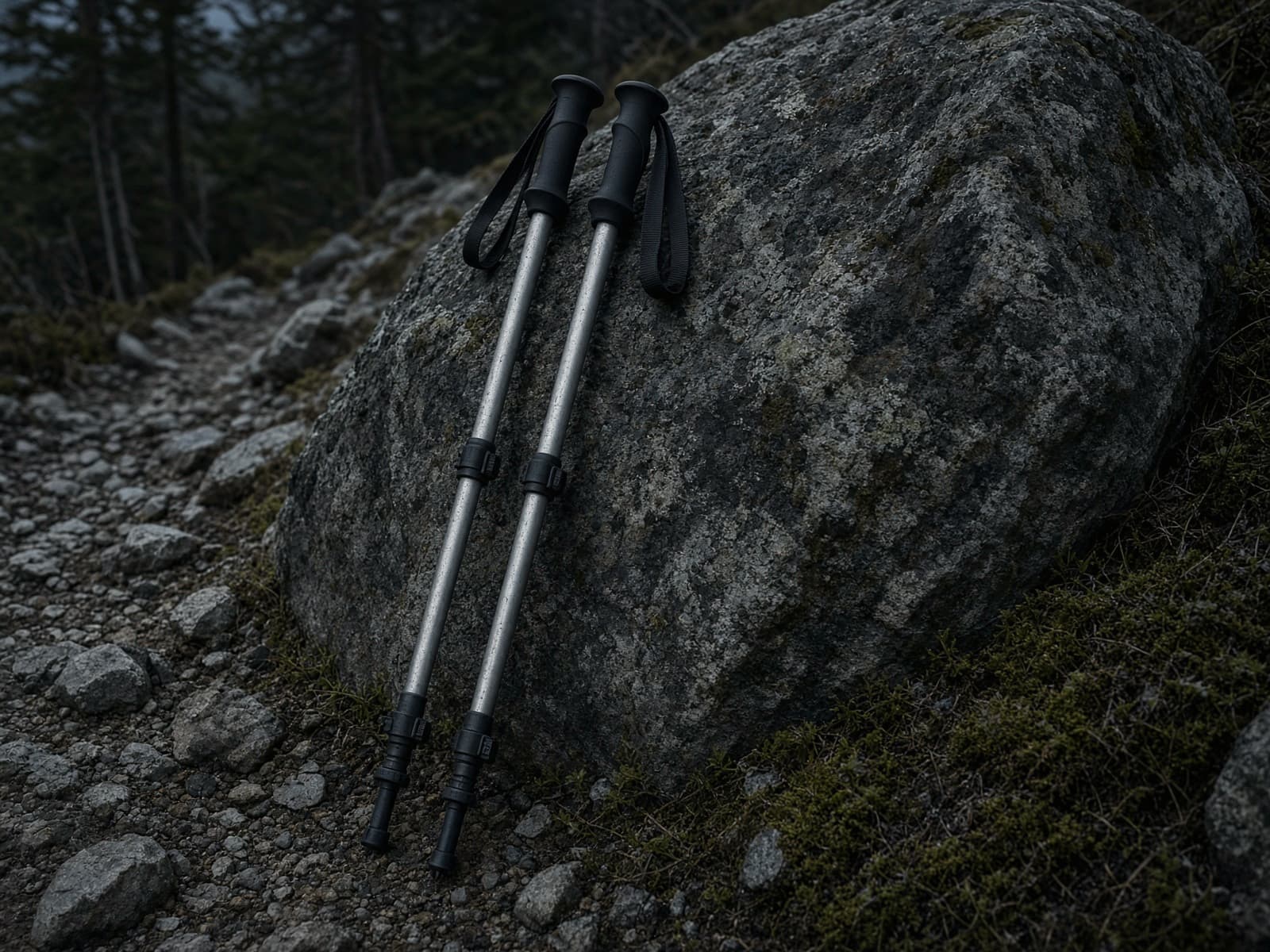 A pair of durable aluminum trekking poles leaning on a boulder on a rocky trail