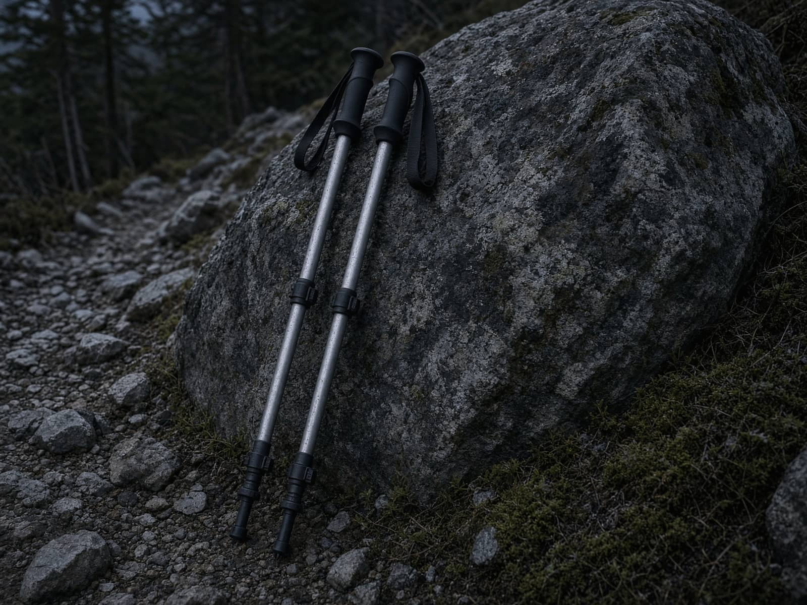 A pair of durable aluminum trekking poles leaning on a boulder on a rocky trail