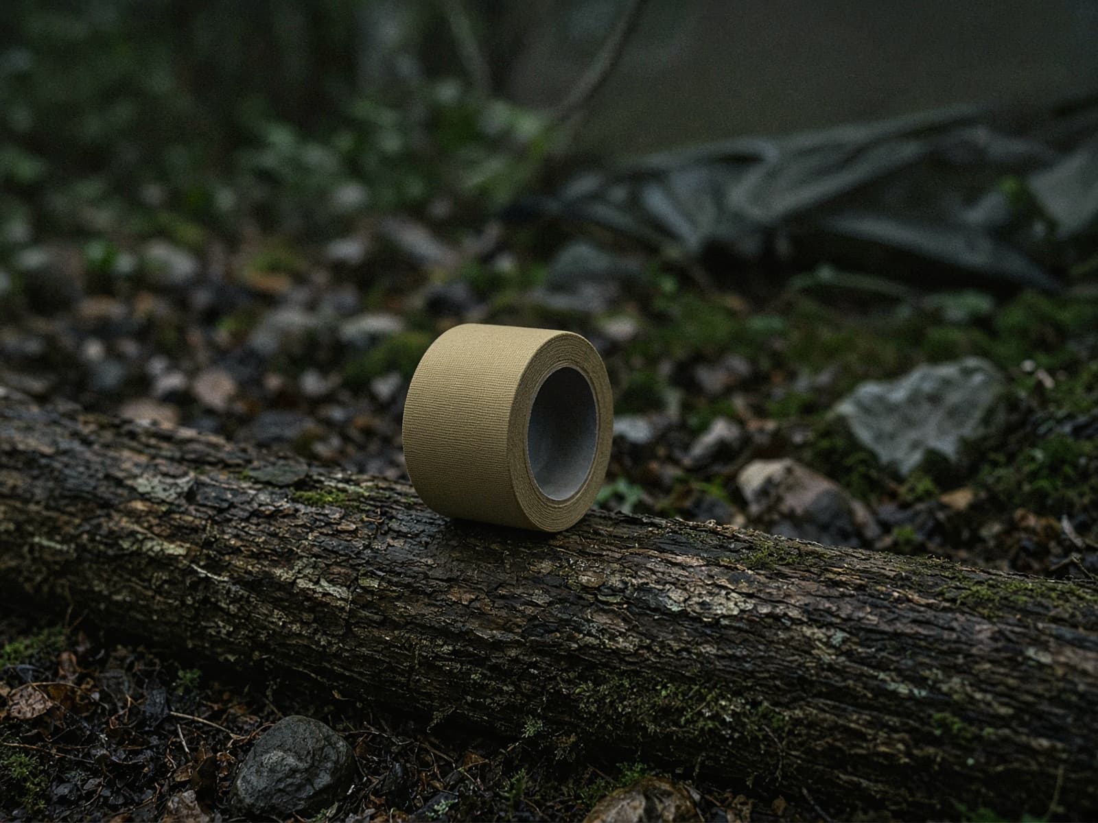 A roll of tan rigid tape on a log at camp