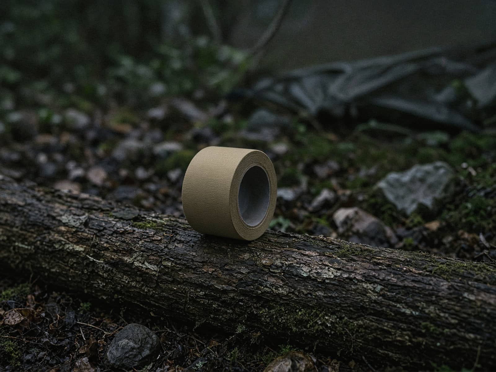 A roll of tan rigid tape on a log at camp
