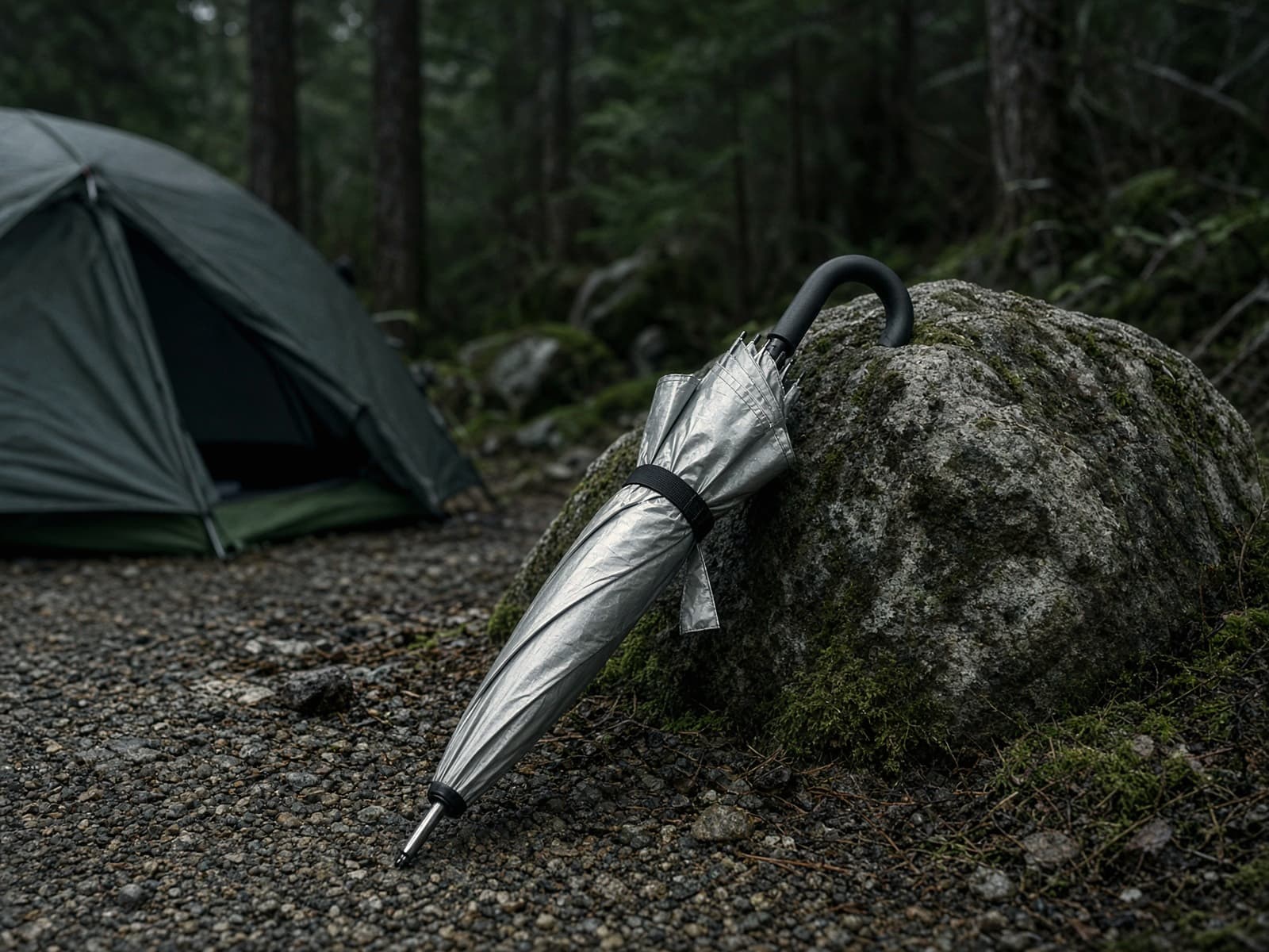 A silver hiking umbrella at a car campsite