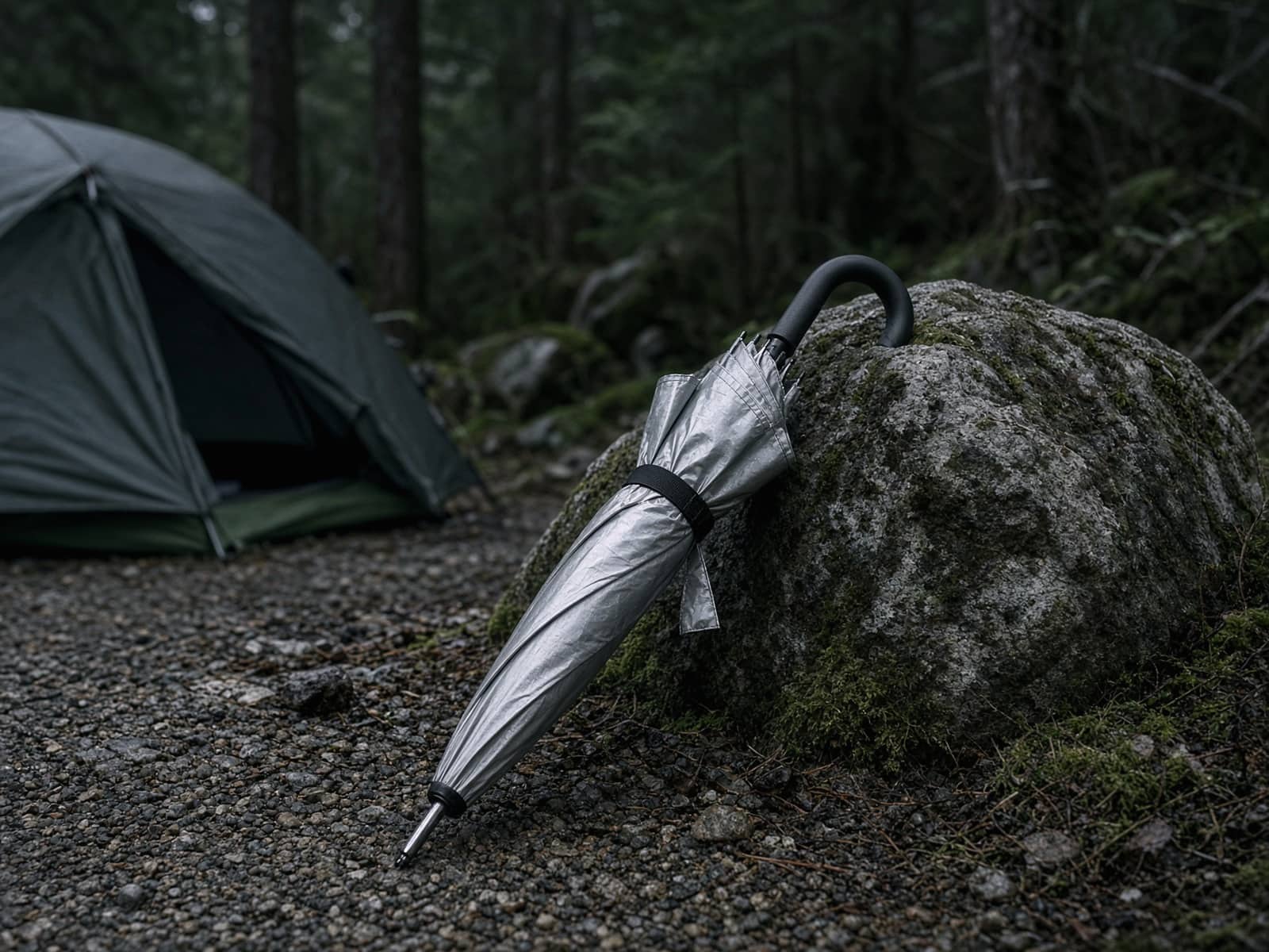 A silver hiking umbrella at a car campsite