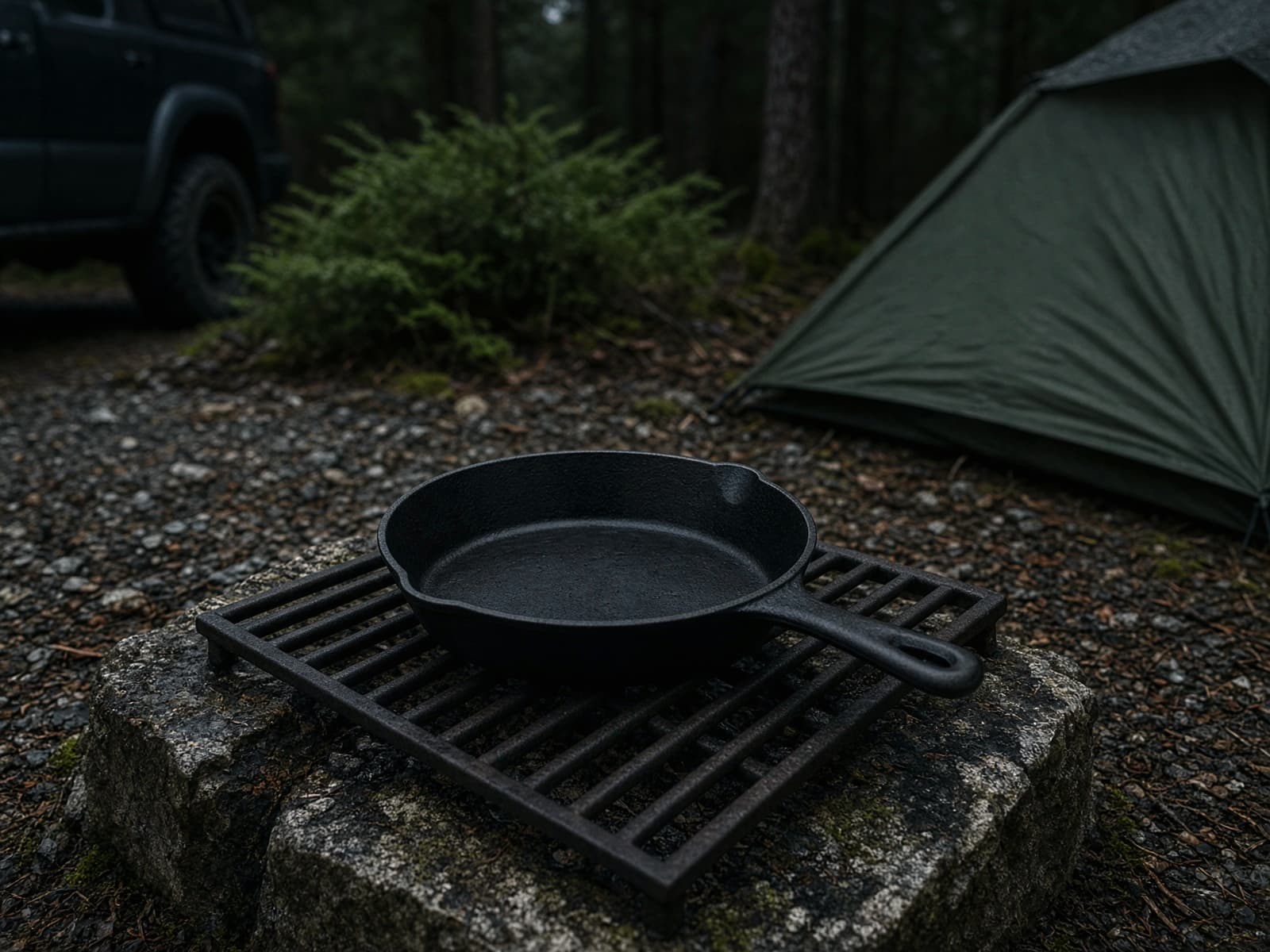 A cast-iron skillet on a camp grate at a car campsite