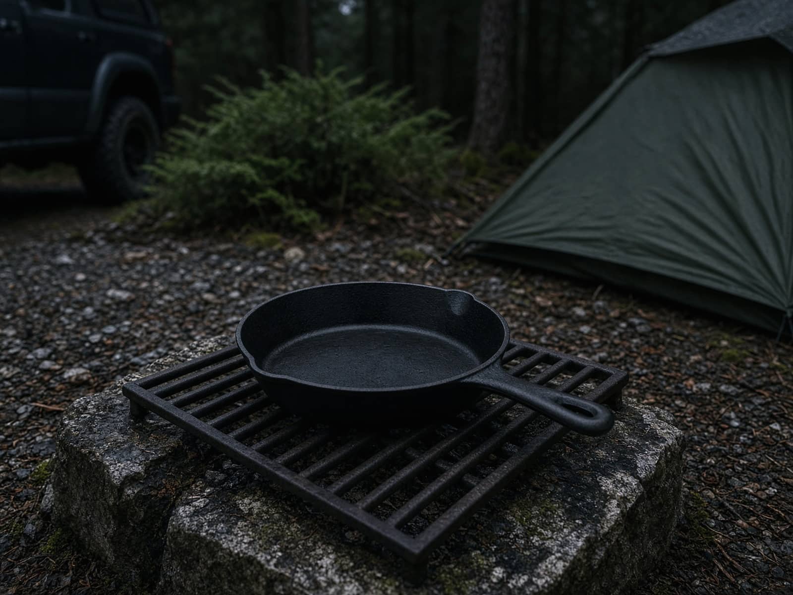 A cast-iron skillet on a camp grate at a car campsite