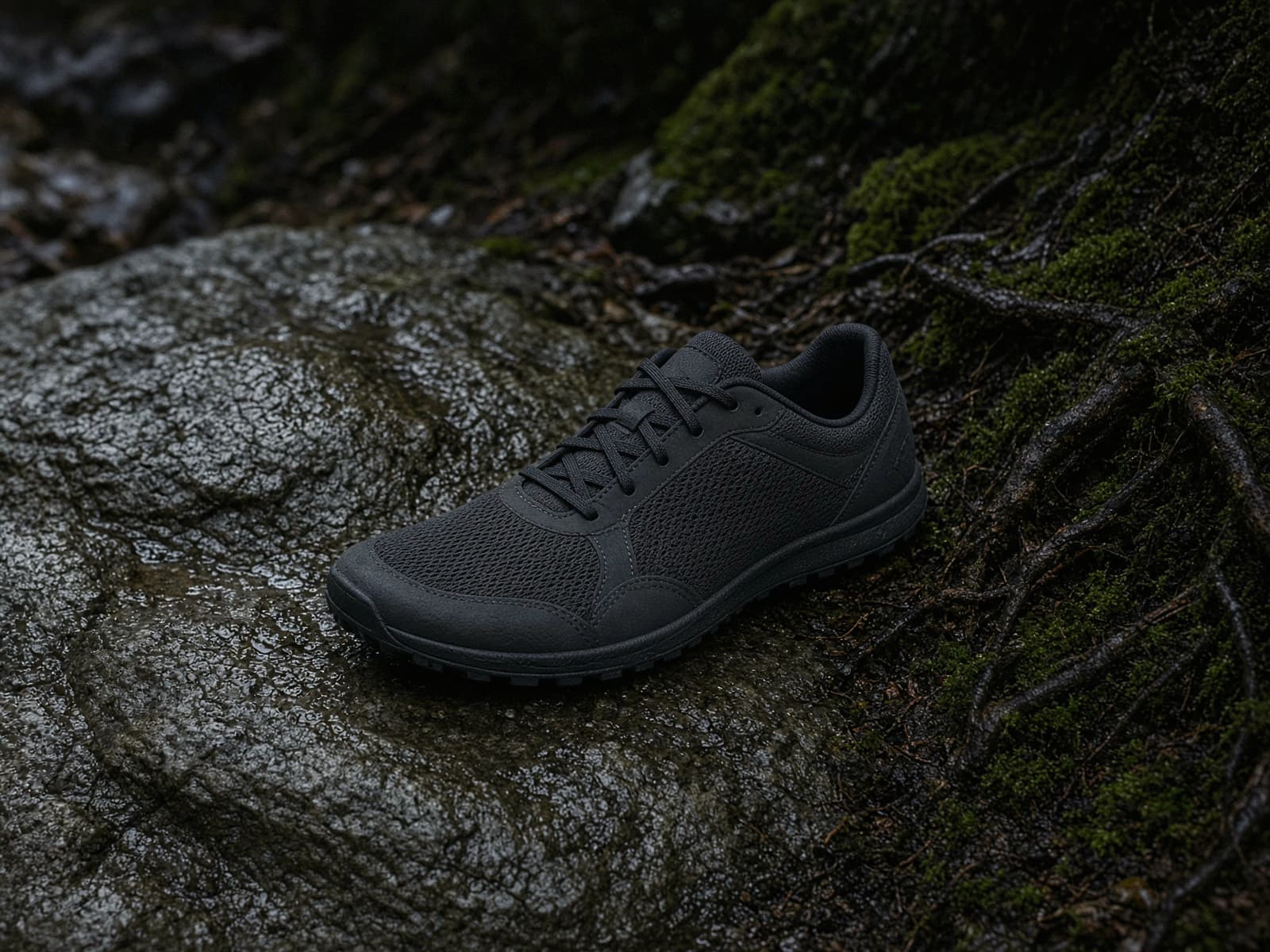 A zero-drop trail shoe with a foot-shaped toe box on wet rock and roots