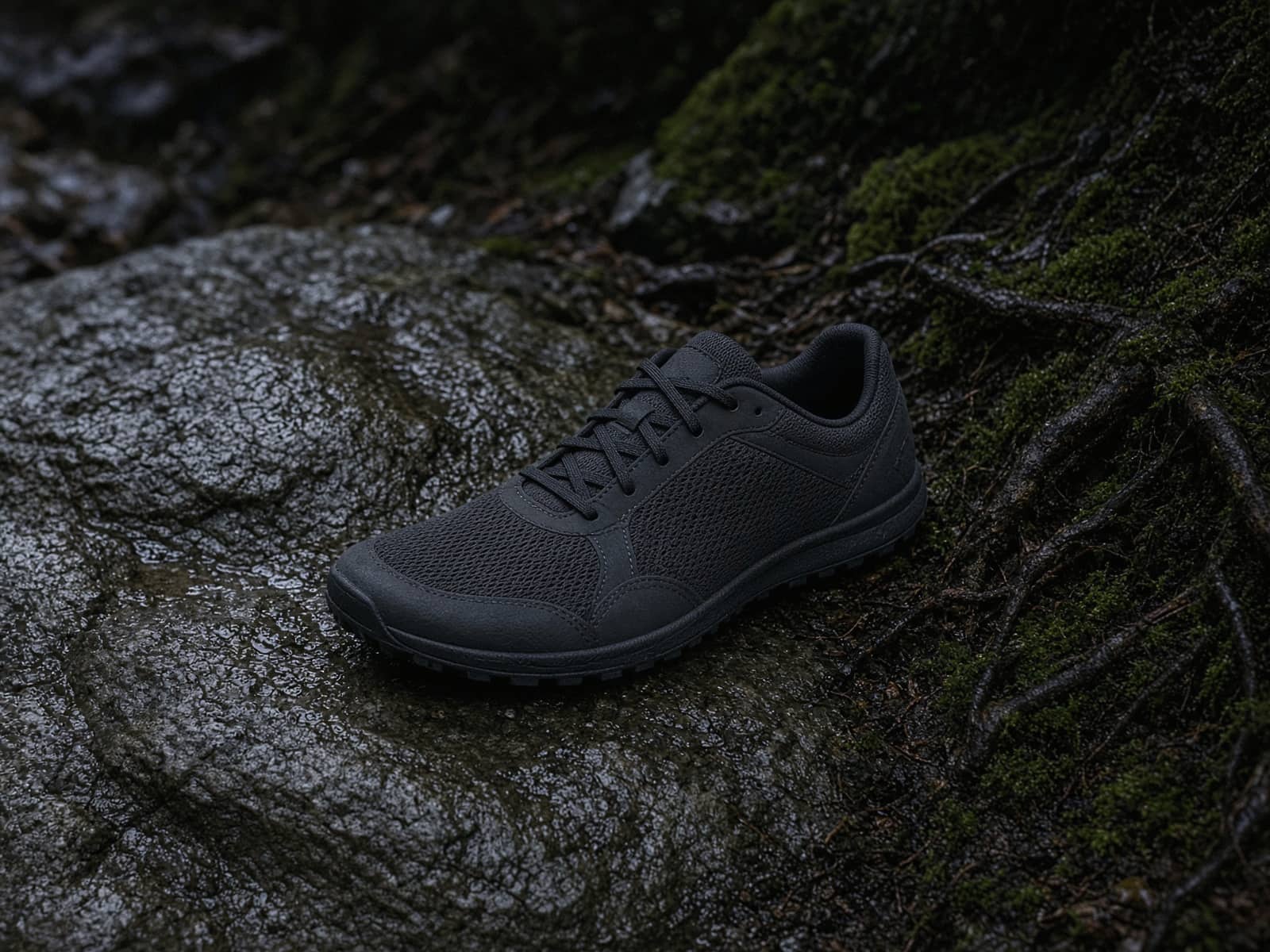 A zero-drop trail shoe with a foot-shaped toe box on wet rock and roots