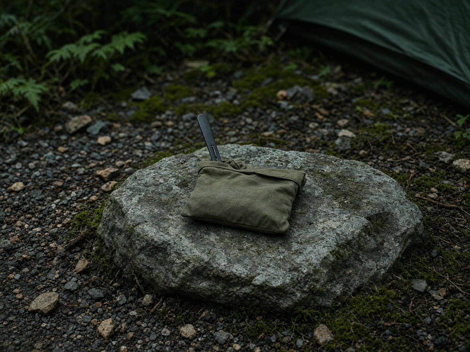 A long-handled spoon in a pouch on a stone at camp