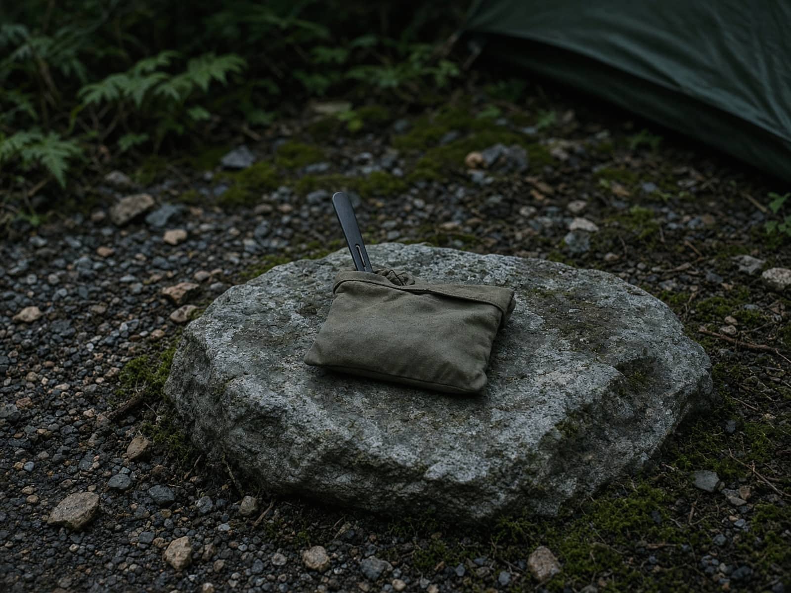 A long-handled spoon in a pouch on a stone at camp