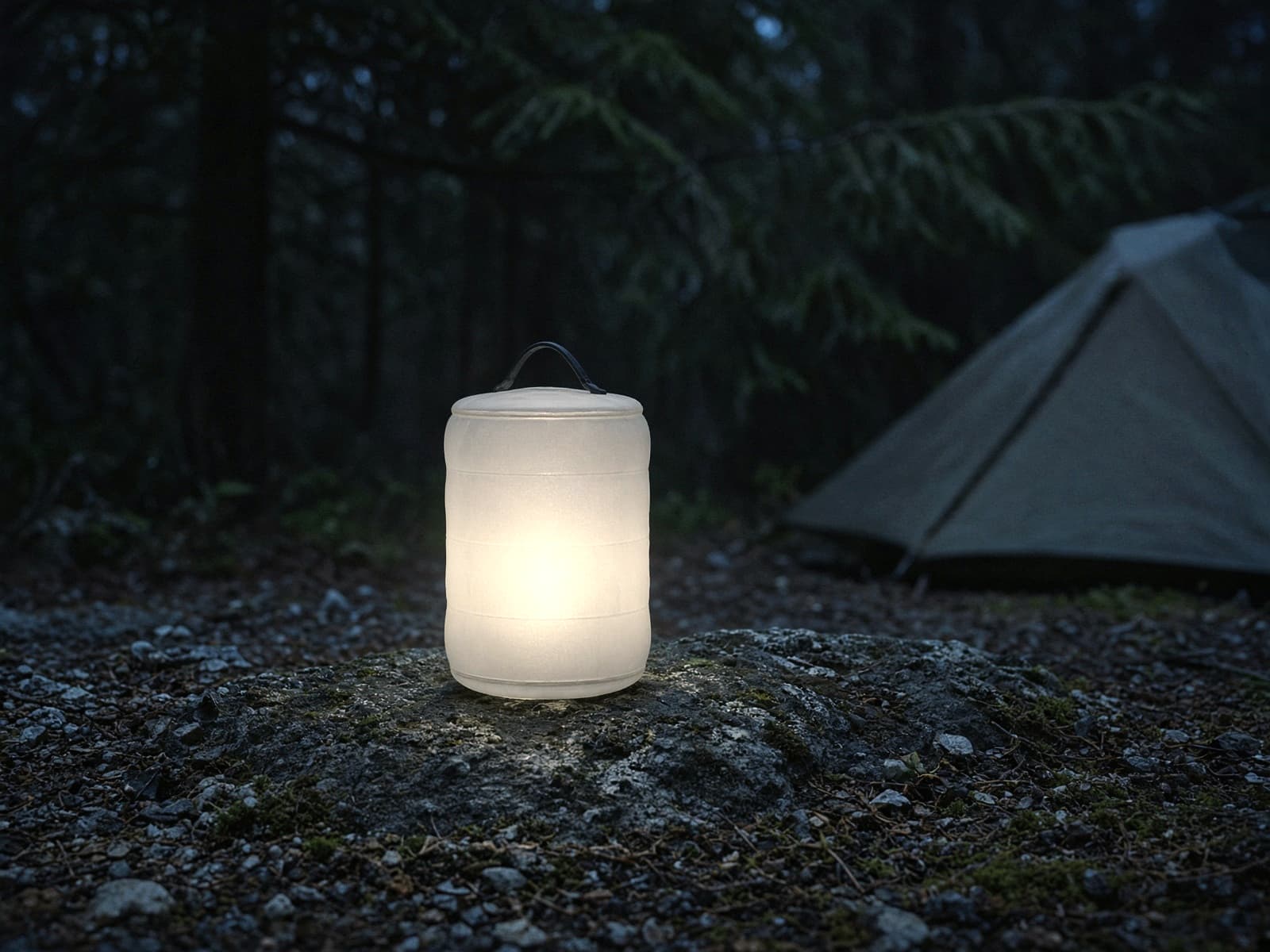 An inflatable solar lantern glowing on a rock at blue hour