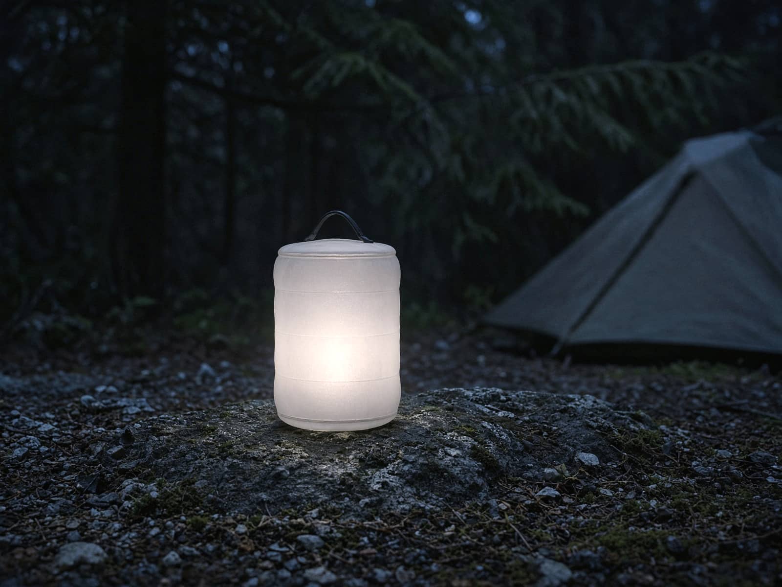An inflatable solar lantern glowing on a rock at blue hour