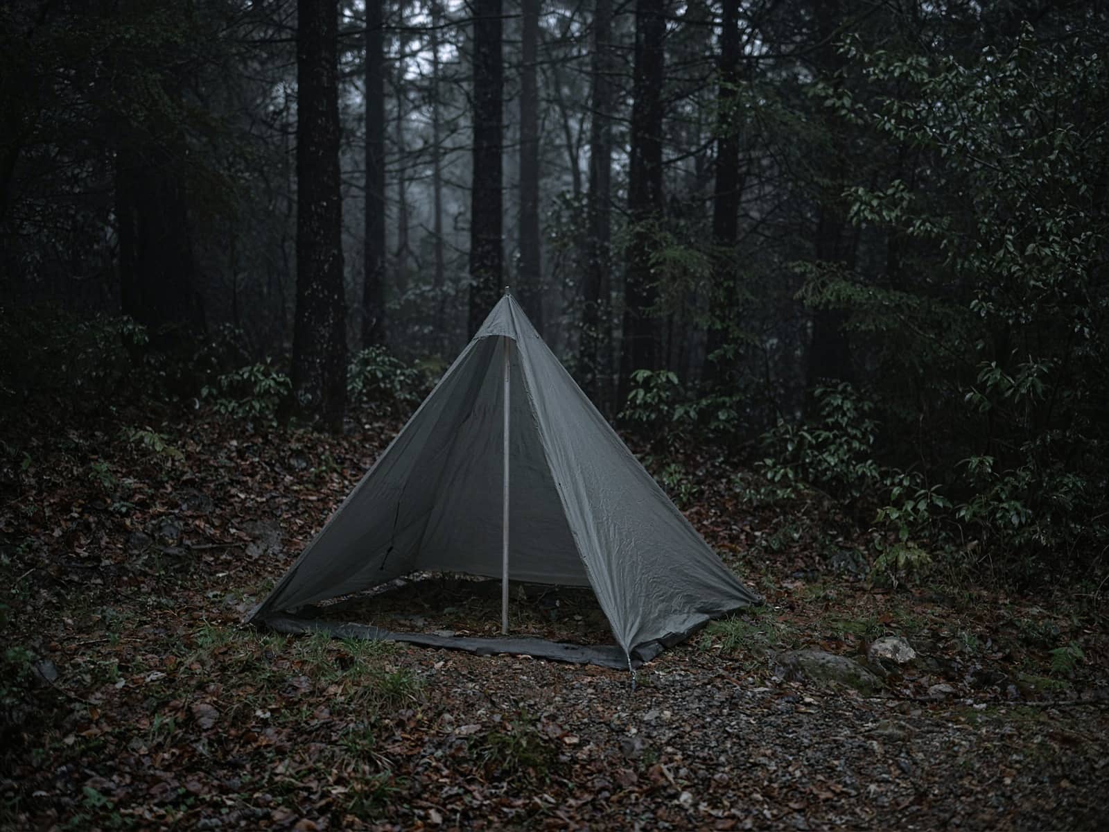 A one-pole solo tent pitched at a forest campsite