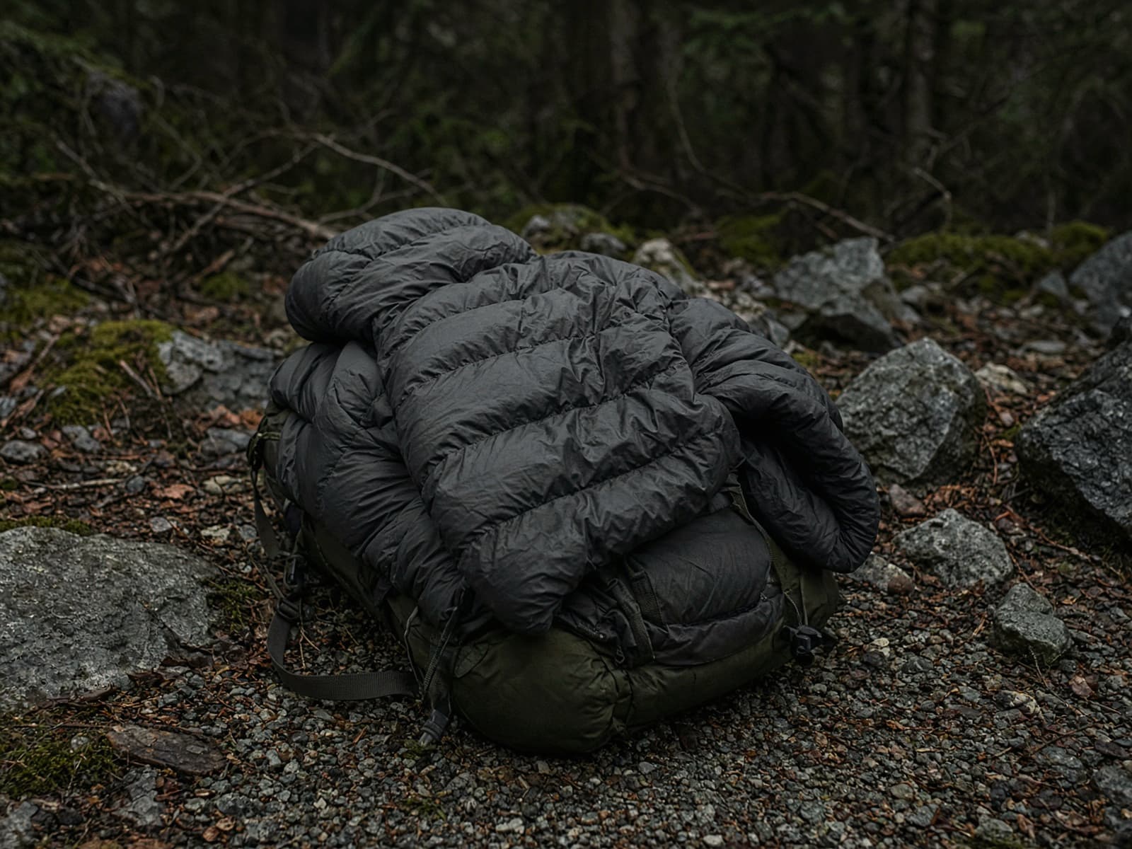 A hooded down camp puffy draped over a pack at a cold camp
