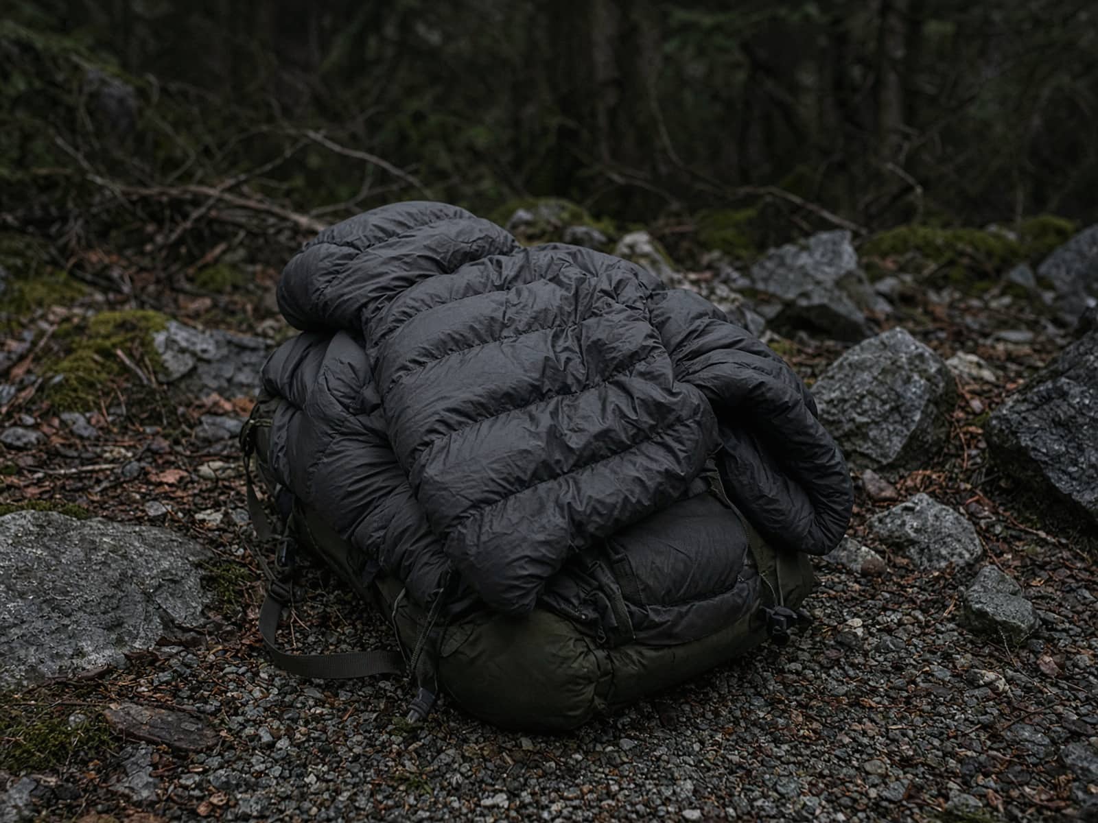 A hooded down camp puffy draped over a pack at a cold camp