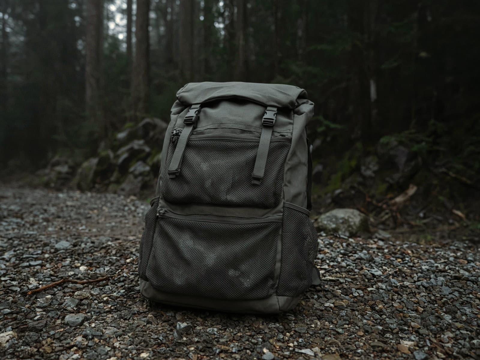 A padded light pack with big mesh pockets standing on trailhead gravel