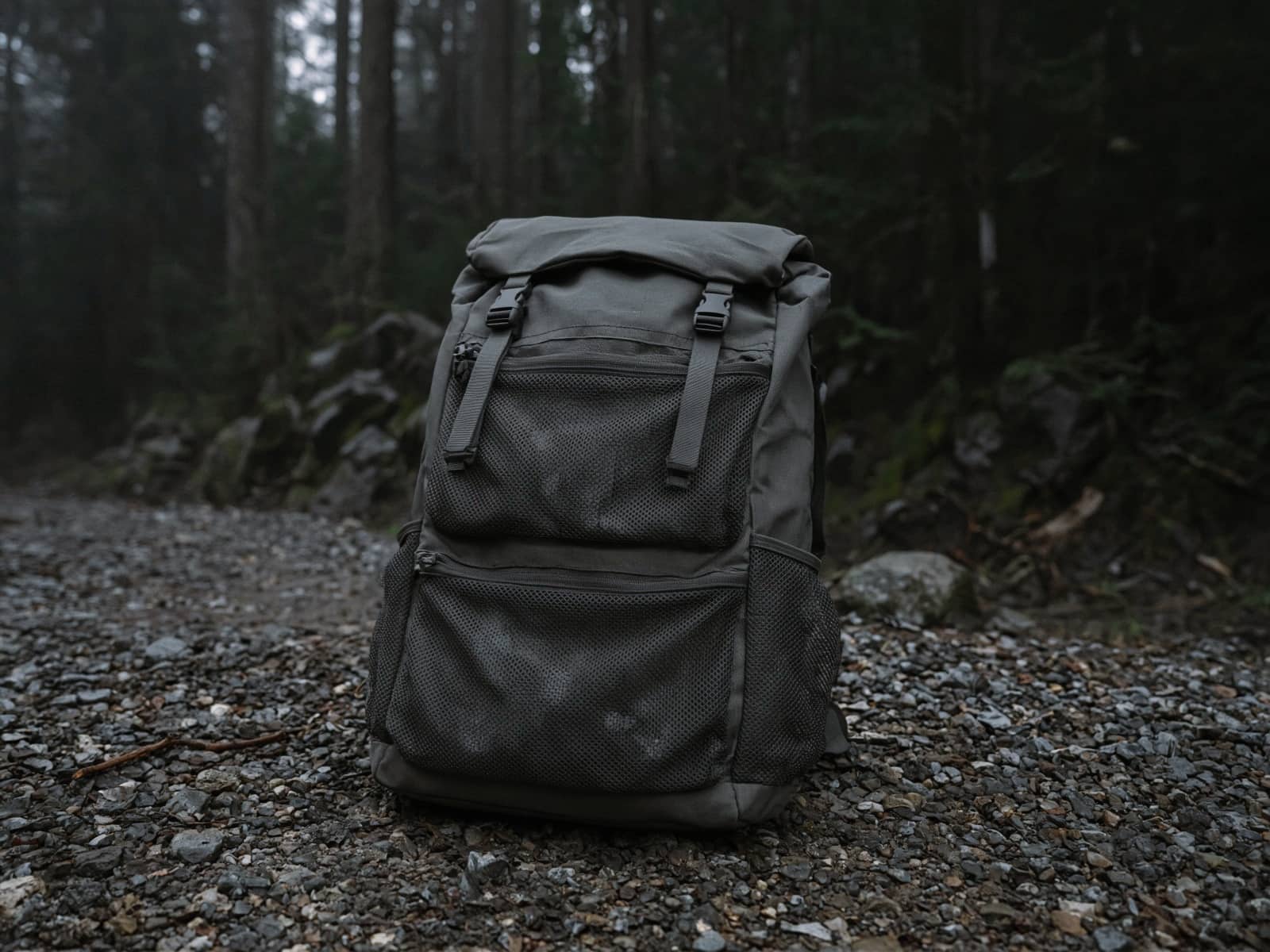 A padded light pack with big mesh pockets standing on trailhead gravel