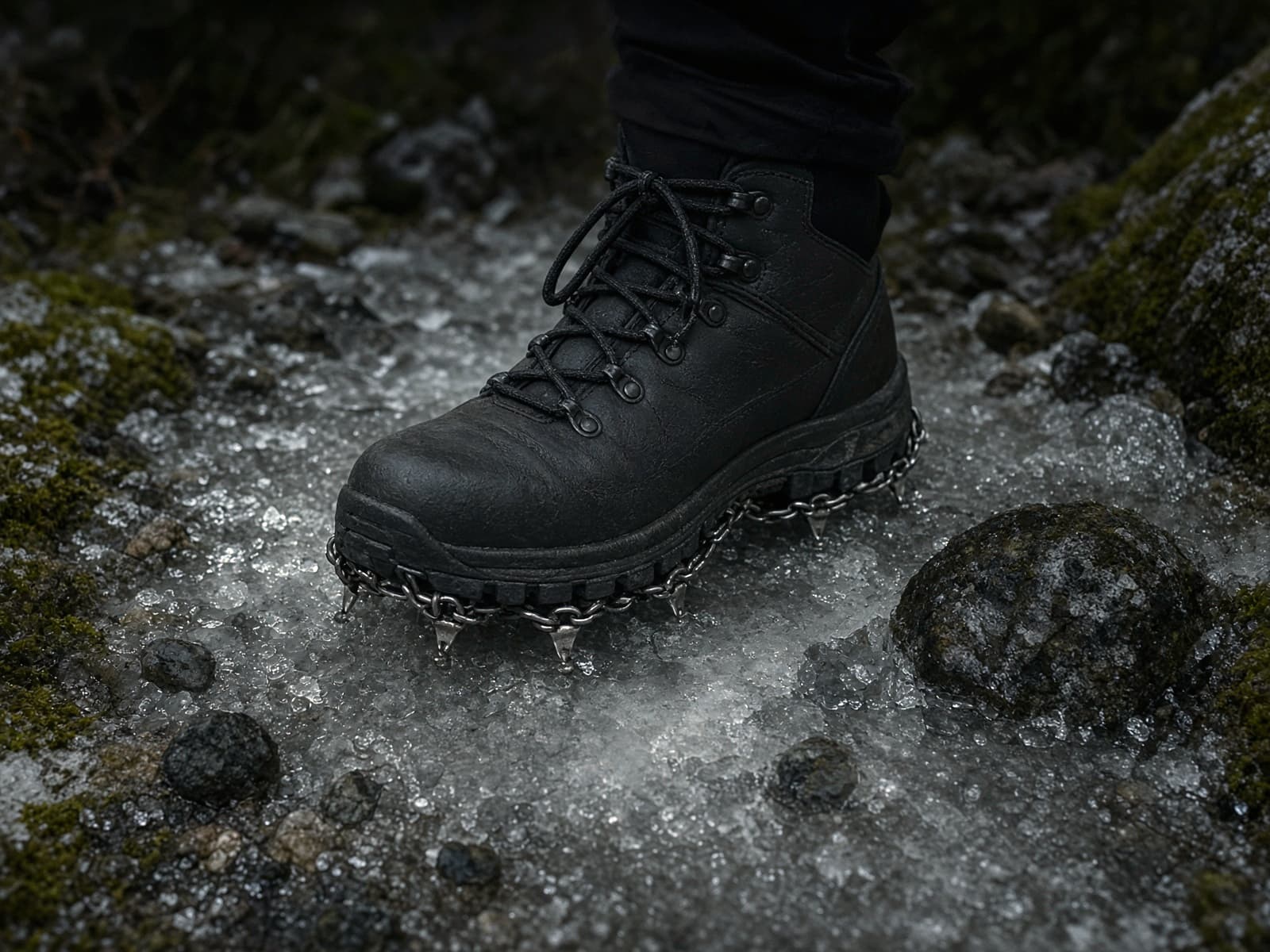Chain microspikes on a boot on an icy trail