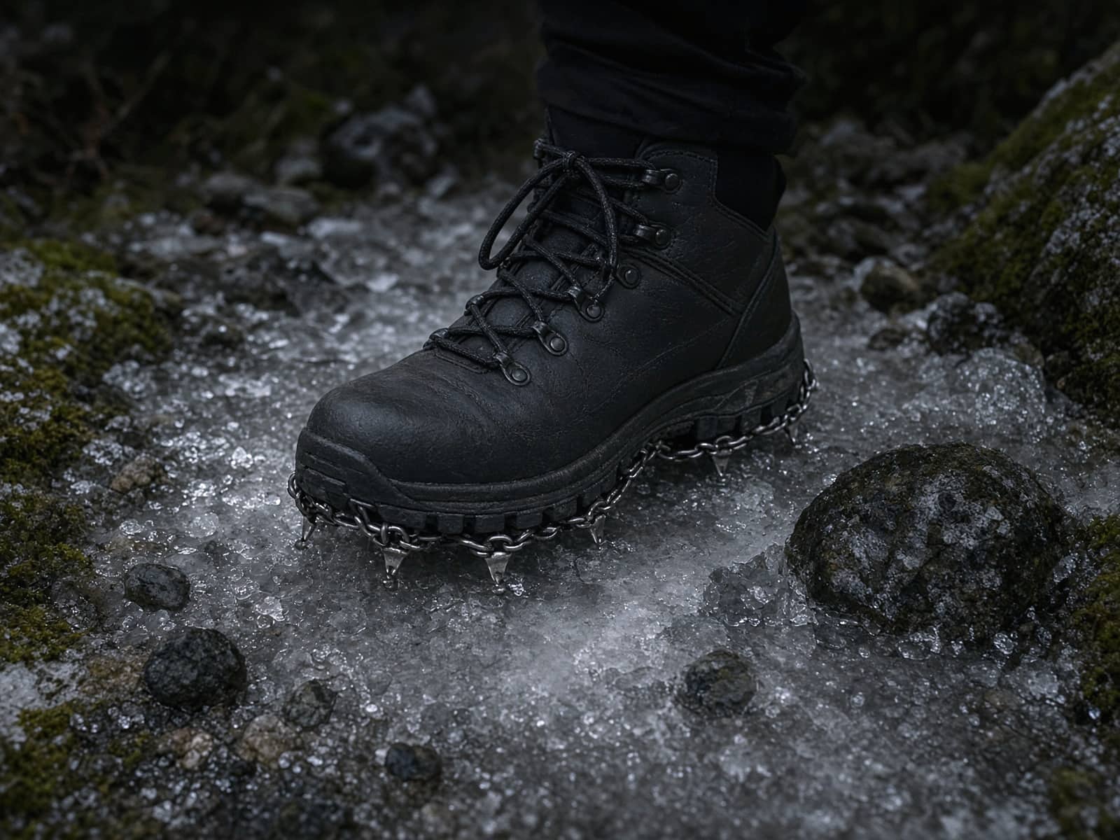 Chain microspikes on a boot on an icy trail