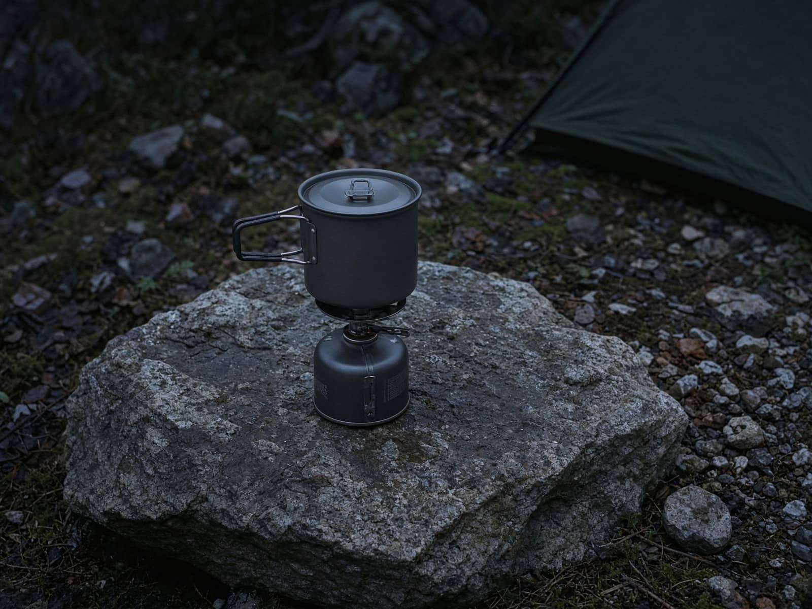 An integrated canister cook system with a handle pot on a flat rock at dusk