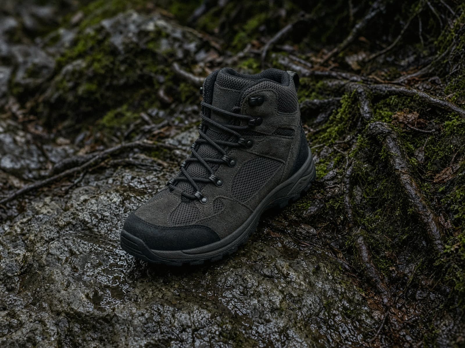 A mesh-and-suede mid hiking boot on wet rock and roots