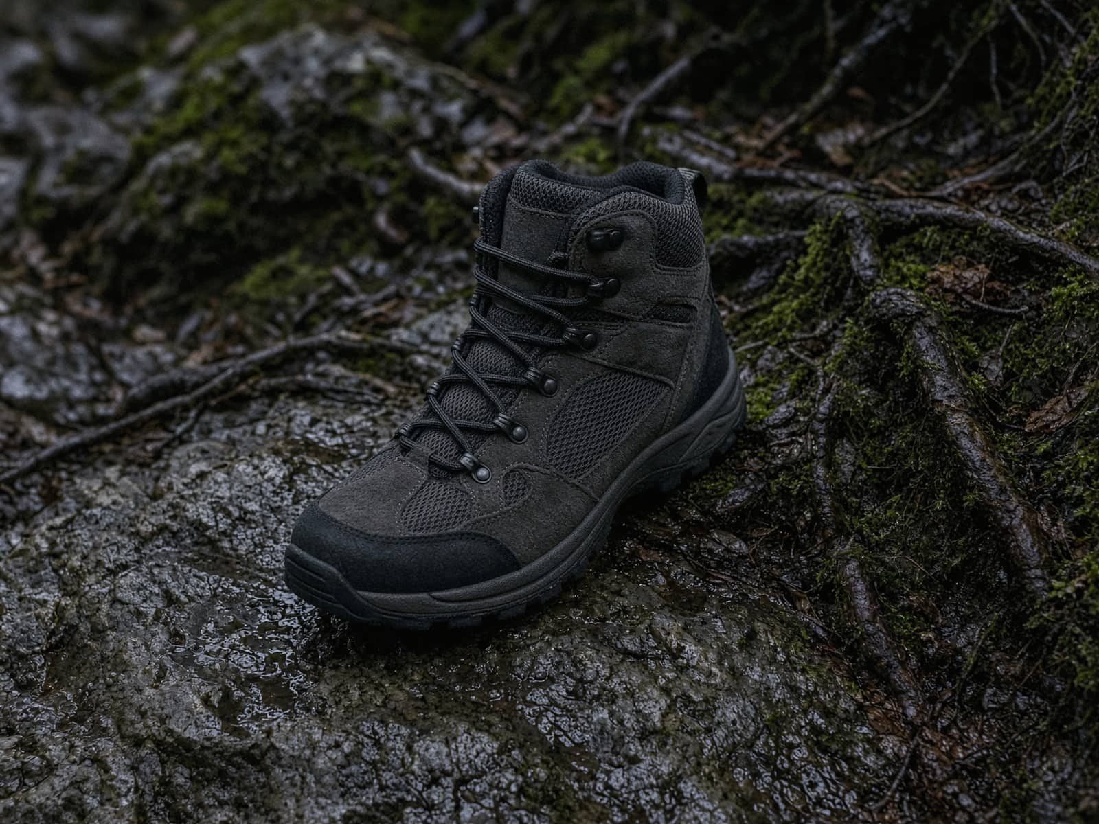 A mesh-and-suede mid hiking boot on wet rock and roots