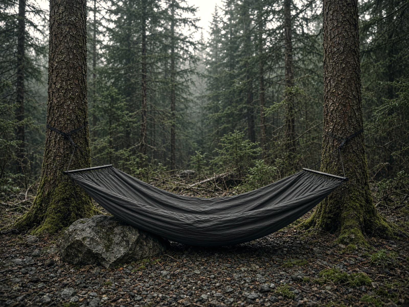 A flat-lying bridge hammock with spreader bars between two conifers