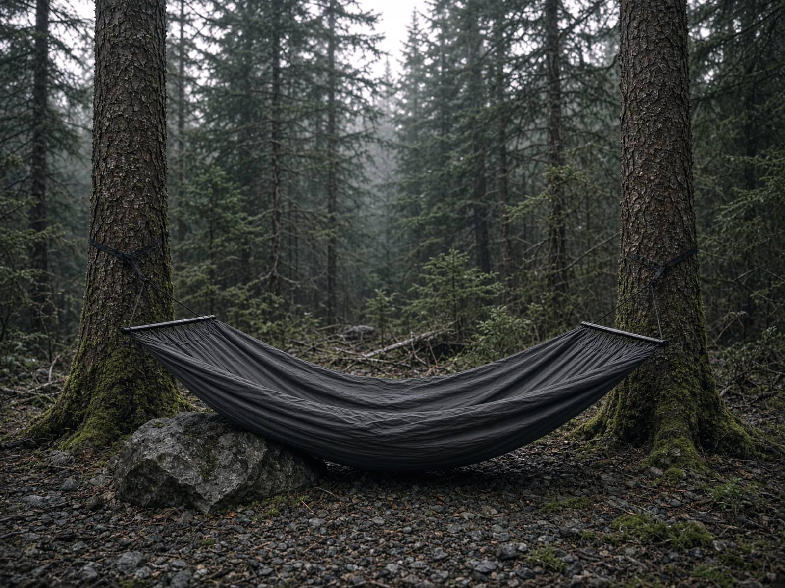 A flat-lying bridge hammock with spreader bars between two conifers