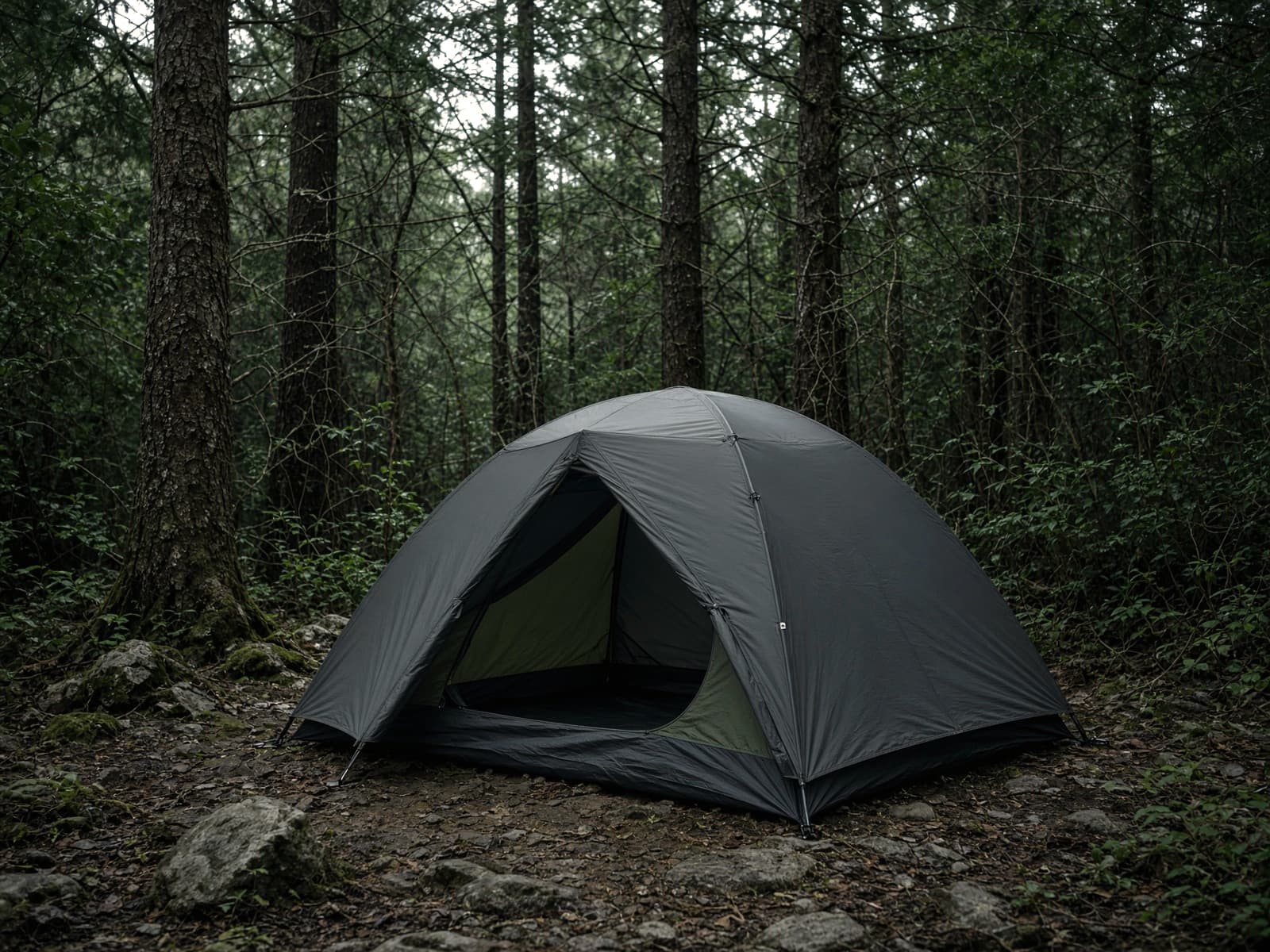 A solid freestanding two-person tent pitched at a forest campsite