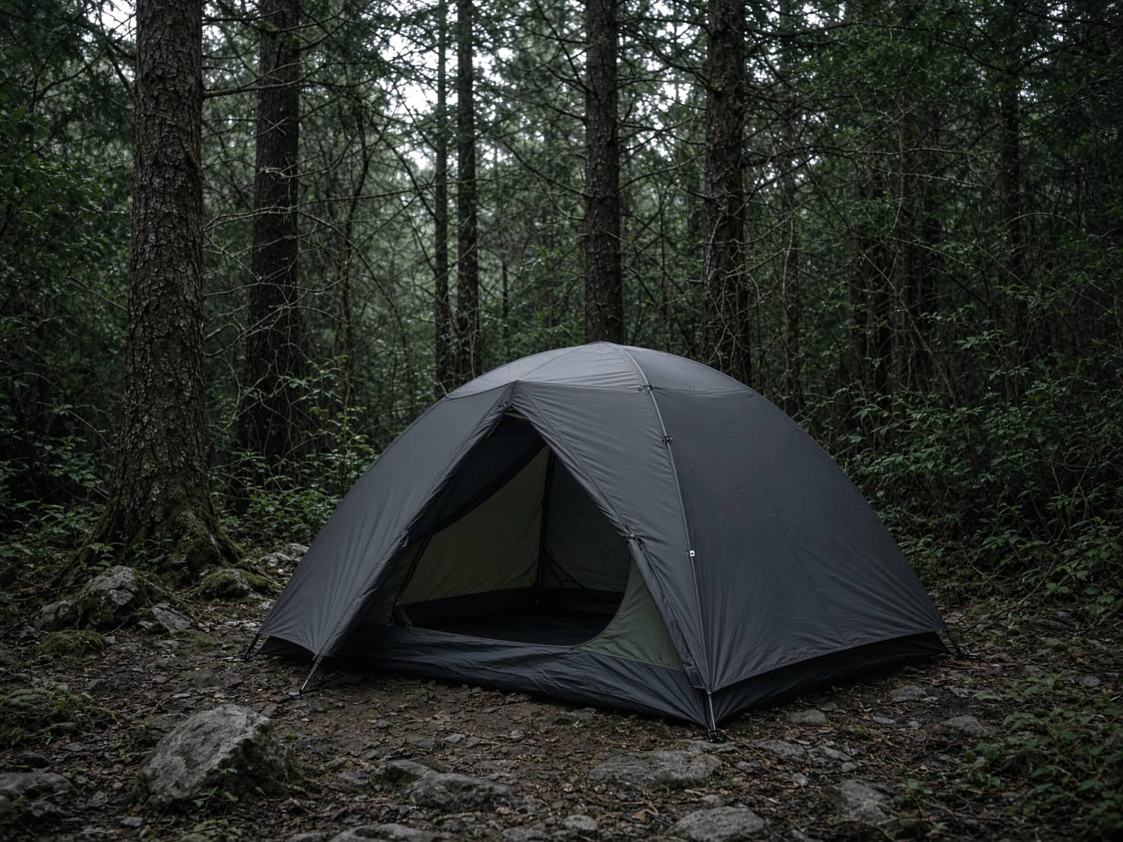 A solid freestanding two-person tent pitched at a forest campsite