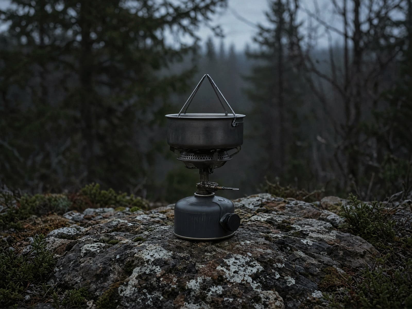 A windproof radiant-burner boil system on a flat rock at dusk