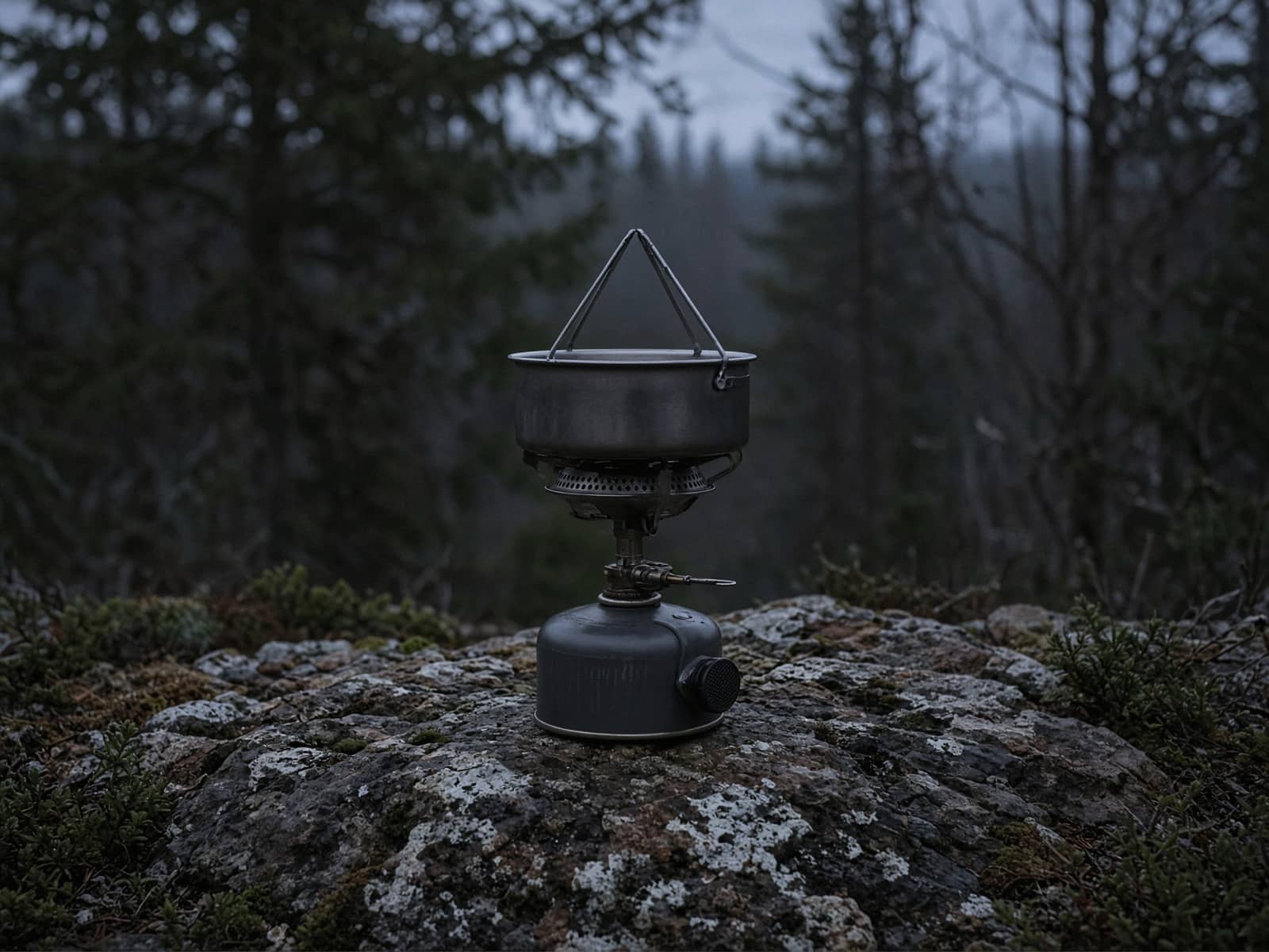 A windproof radiant-burner boil system on a flat rock at dusk