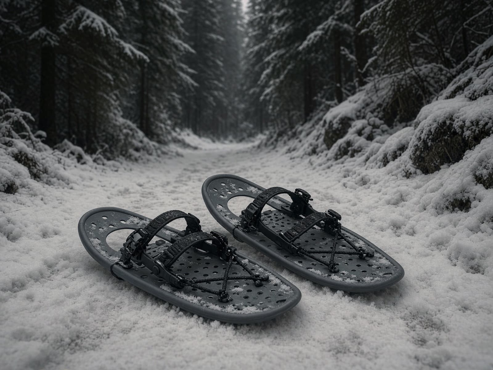 Recreational snowshoes in snow on an icy trail
