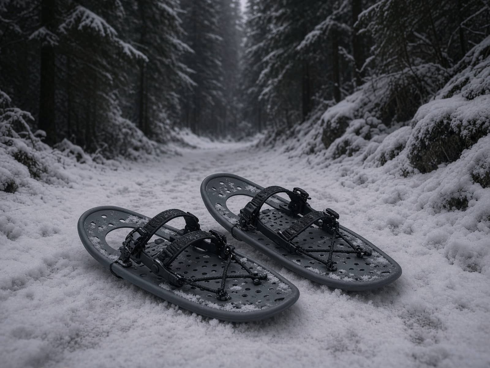 Recreational snowshoes in snow on an icy trail