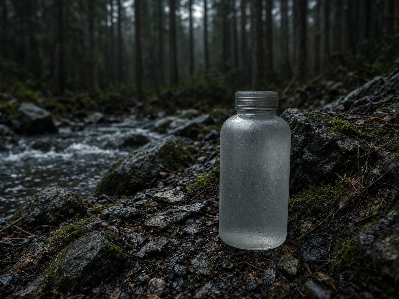 A wide-mouth hard water bottle beside a stream