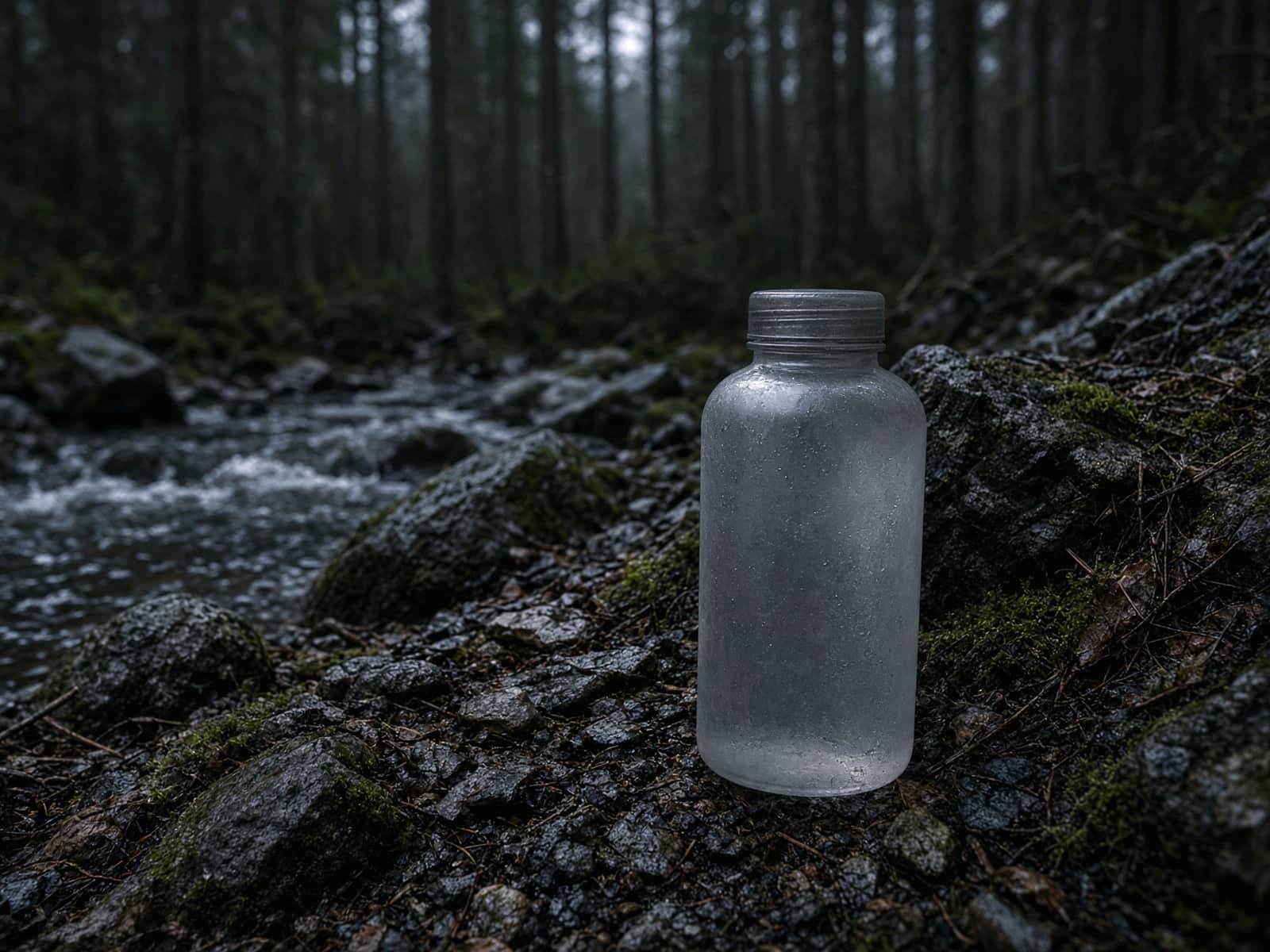 A wide-mouth hard water bottle beside a stream