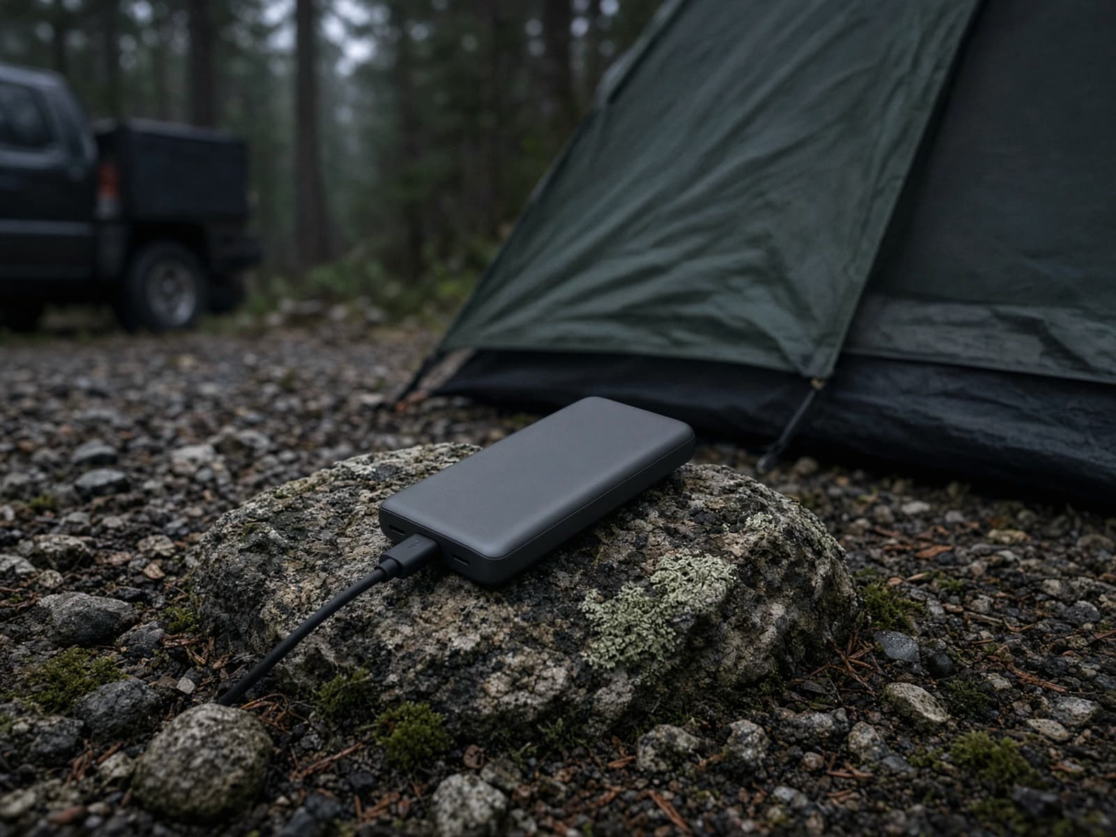 A slim power bank with a short cable at a car campsite