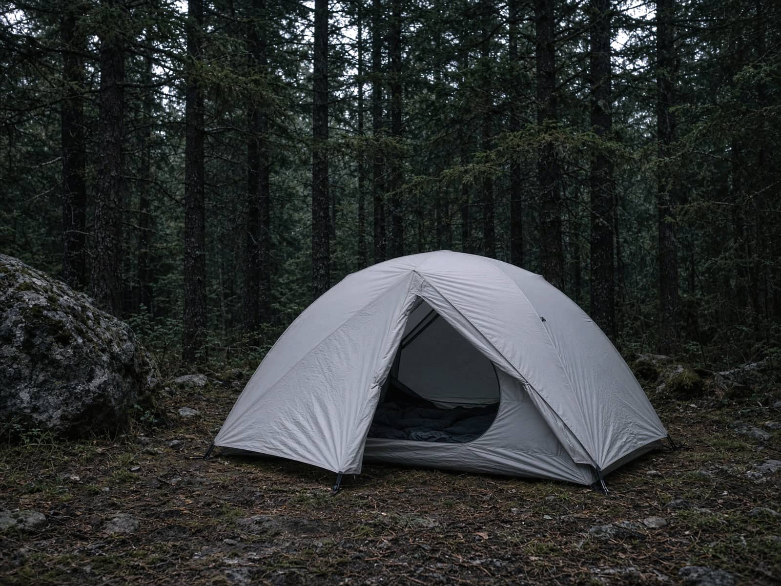 A very light semi-freestanding tent pitched at a forest campsite