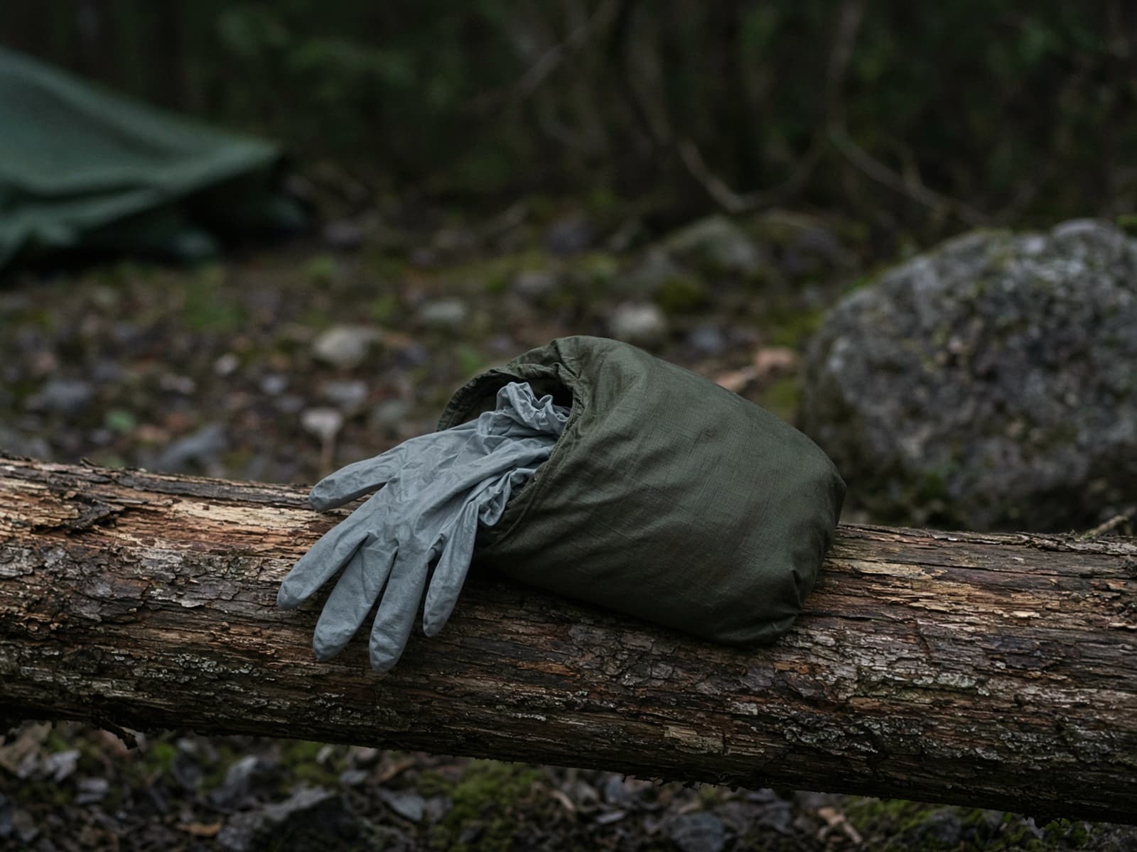 A pair of nitrile gloves in a small bag on a log at camp