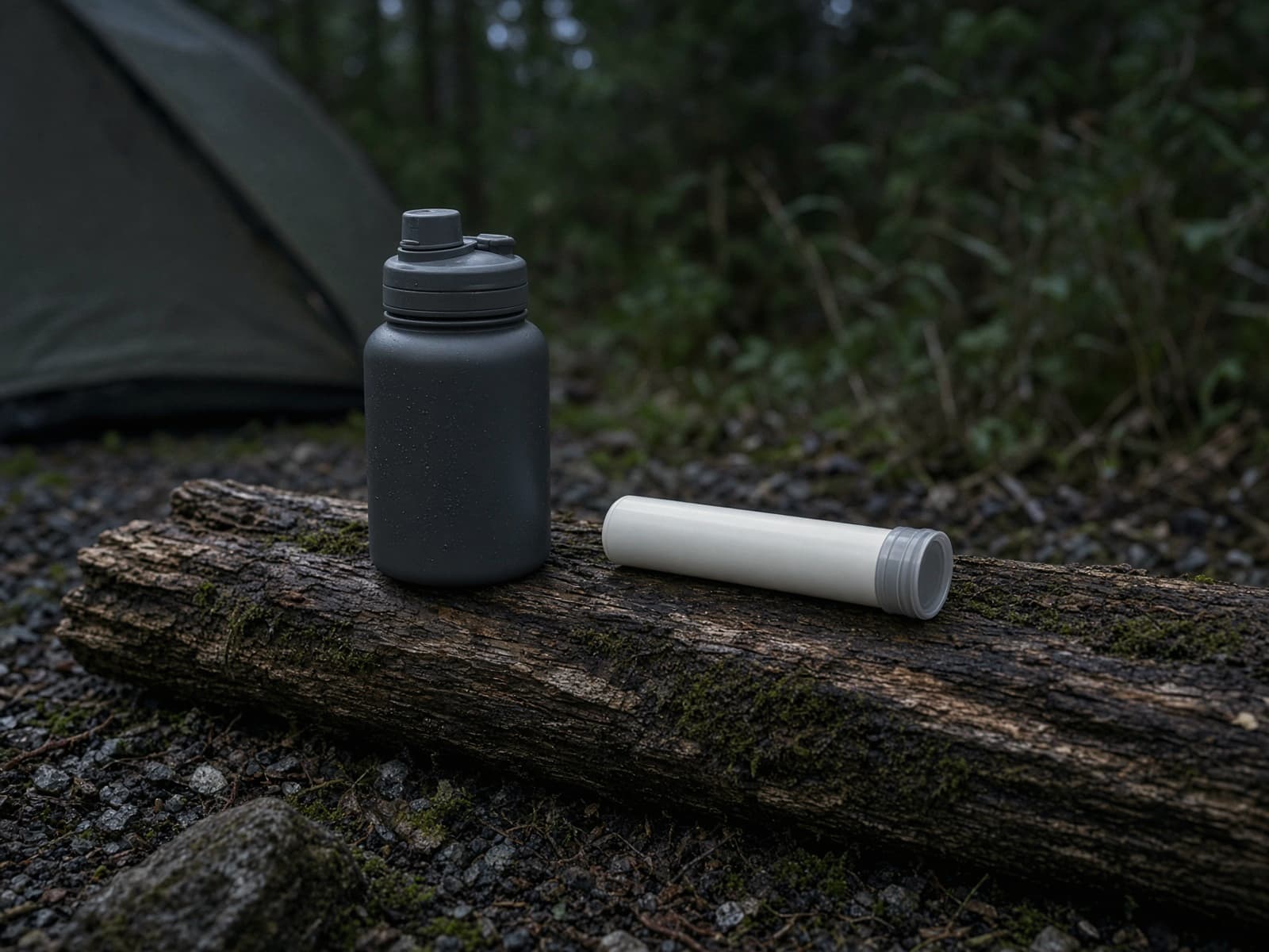 Electrolyte tablets in a tube beside a bottle on a log at camp