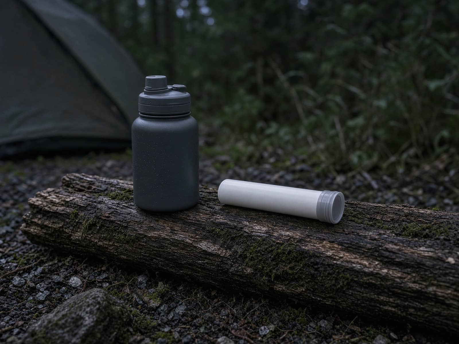 Electrolyte tablets in a tube beside a bottle on a log at camp