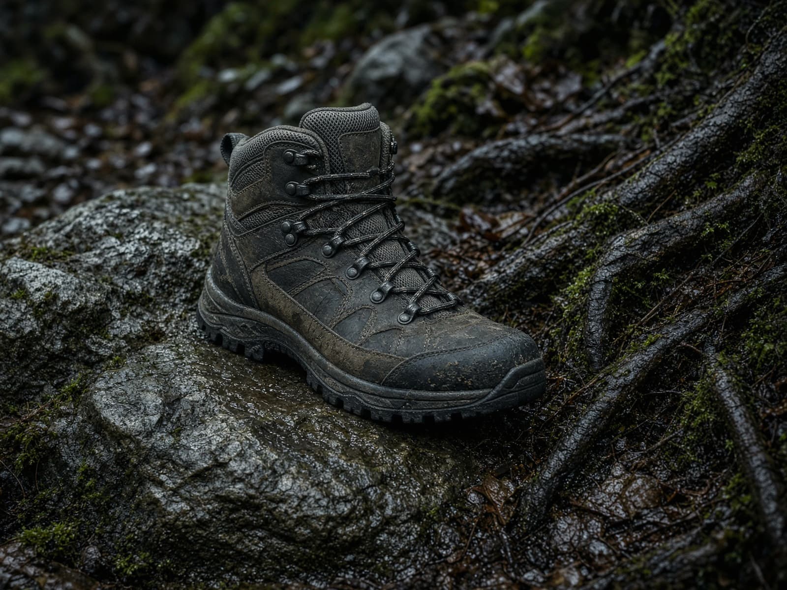 A leather-and-mesh hiking boot on wet rock and roots