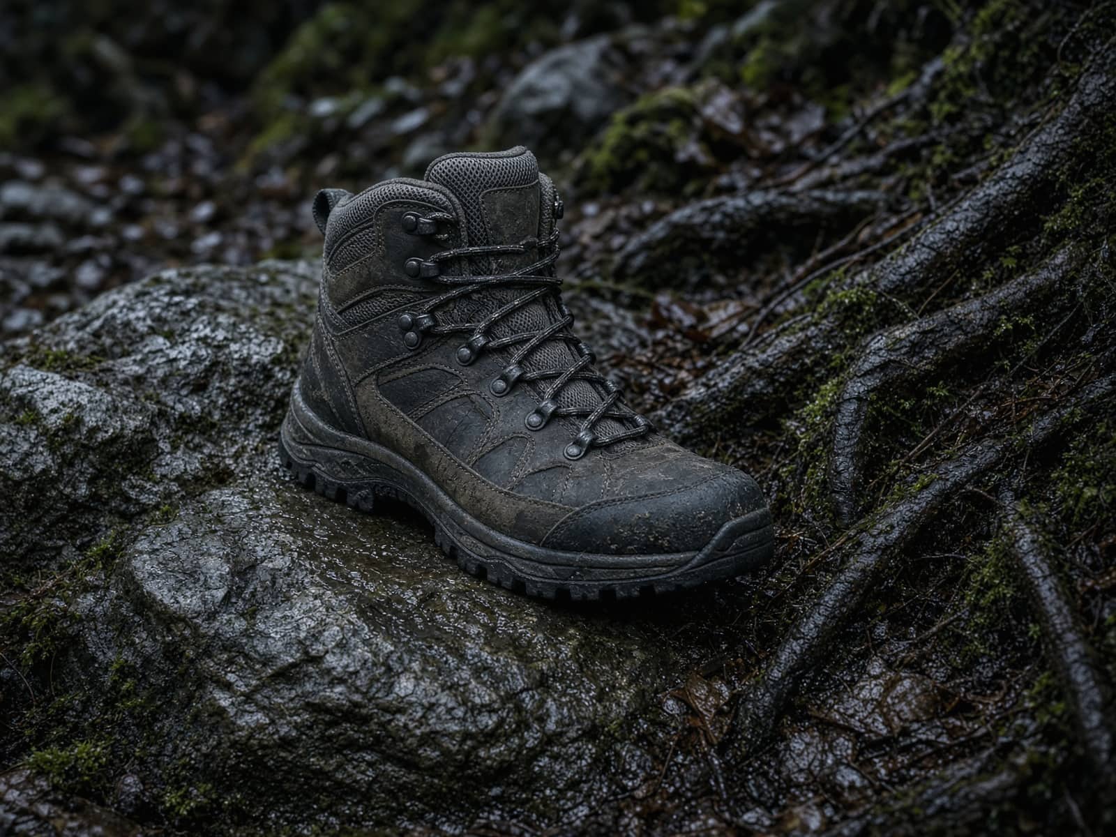 A leather-and-mesh hiking boot on wet rock and roots