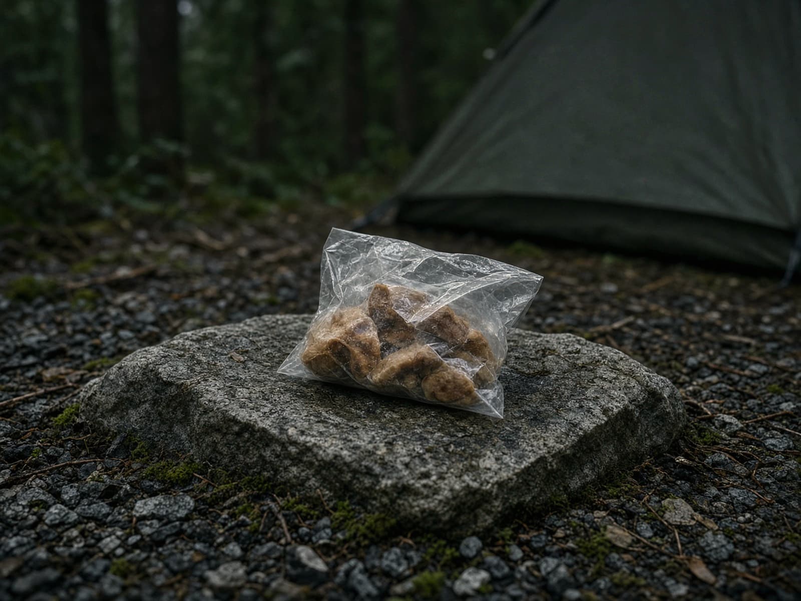 A clear odor-barrier bag with food on a stone at camp